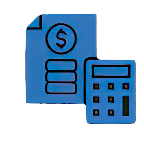 Blue icon of a document with a dollar sign and a calculator, symbolizing finance or accounting.