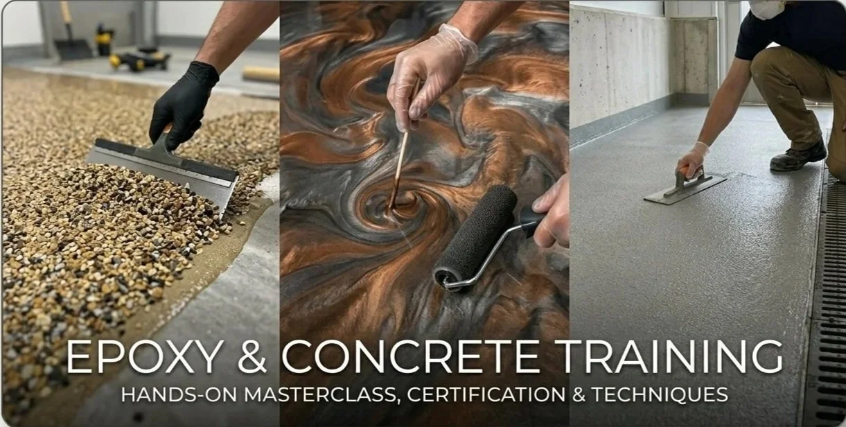 Three images showing epoxy and concrete training: applying aggregates with a trowel, mixing epoxy on a surface, and smoothing a concrete slab with a trowel. Text overlay says 'Epoxy & Concrete Training: Hands-on Masterclass, Certification & Techniques.'