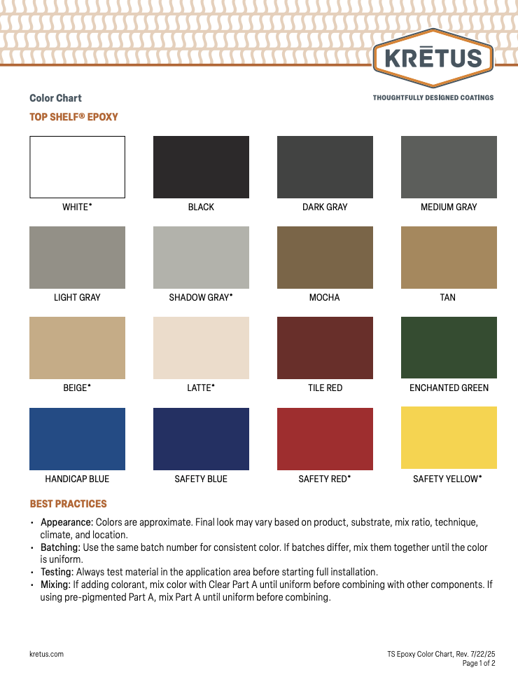 Color chart for Top Shelf epoxy with color options including white, black, dark gray, medium gray, light gray, shadow gray, mocha, tan, beige, latte, tile red, enchanted green, handicap blue, safety blue, safety red, and safety yellow, along with bes