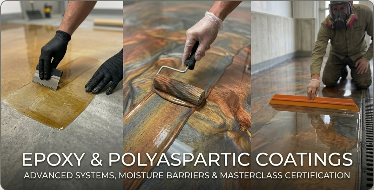 Three images of workers applying epoxy and polyaspartic coatings to a floor. The first person uses a notched squeegee, the second uses a roller, and the third uses a trowel. Text overlay reads, 'Epoxy & Polyaspartic Coatings, Advanced Systems, Moisture Barriers & Masterclass Certification.'.