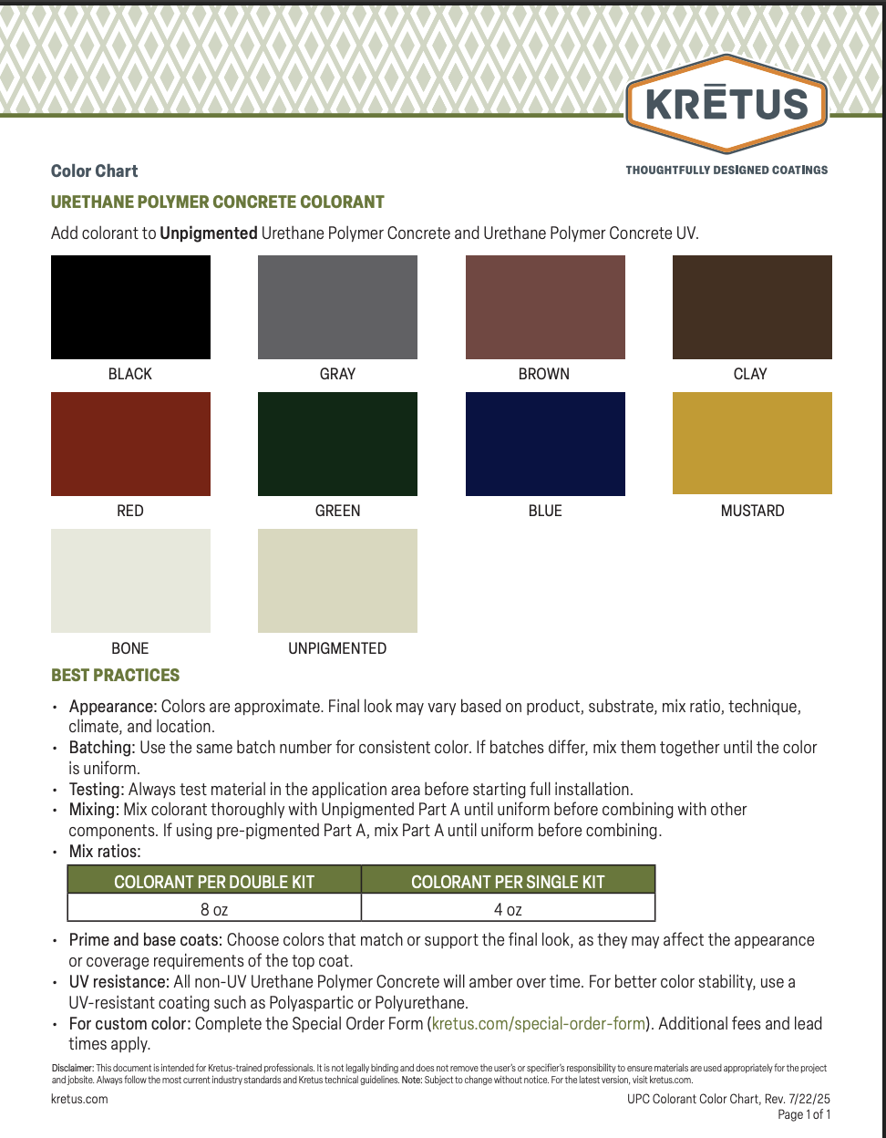 Color chart for Urethane Polymer Concrete Colorant, showing black, gray, brown, clay, red, green, blue, mustard, bone, and unpigmented options, with instructions on best practices for application.