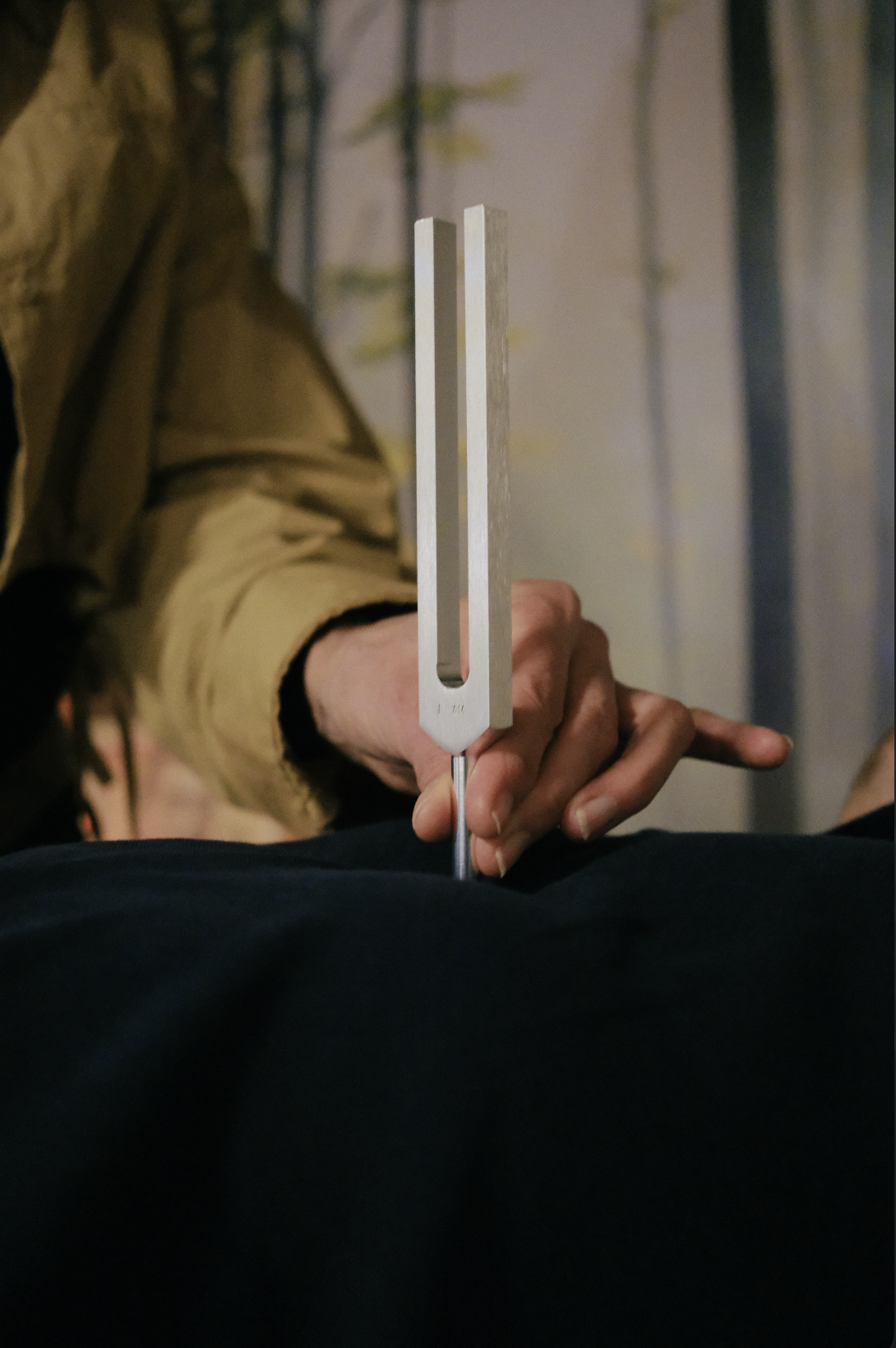 Une personne tenant un instrument de percussion, probablement un balafon ou un autre instrument à percussion en bois, pointé vers un individu allongé, avec un fond de mur peint avec des arbres.