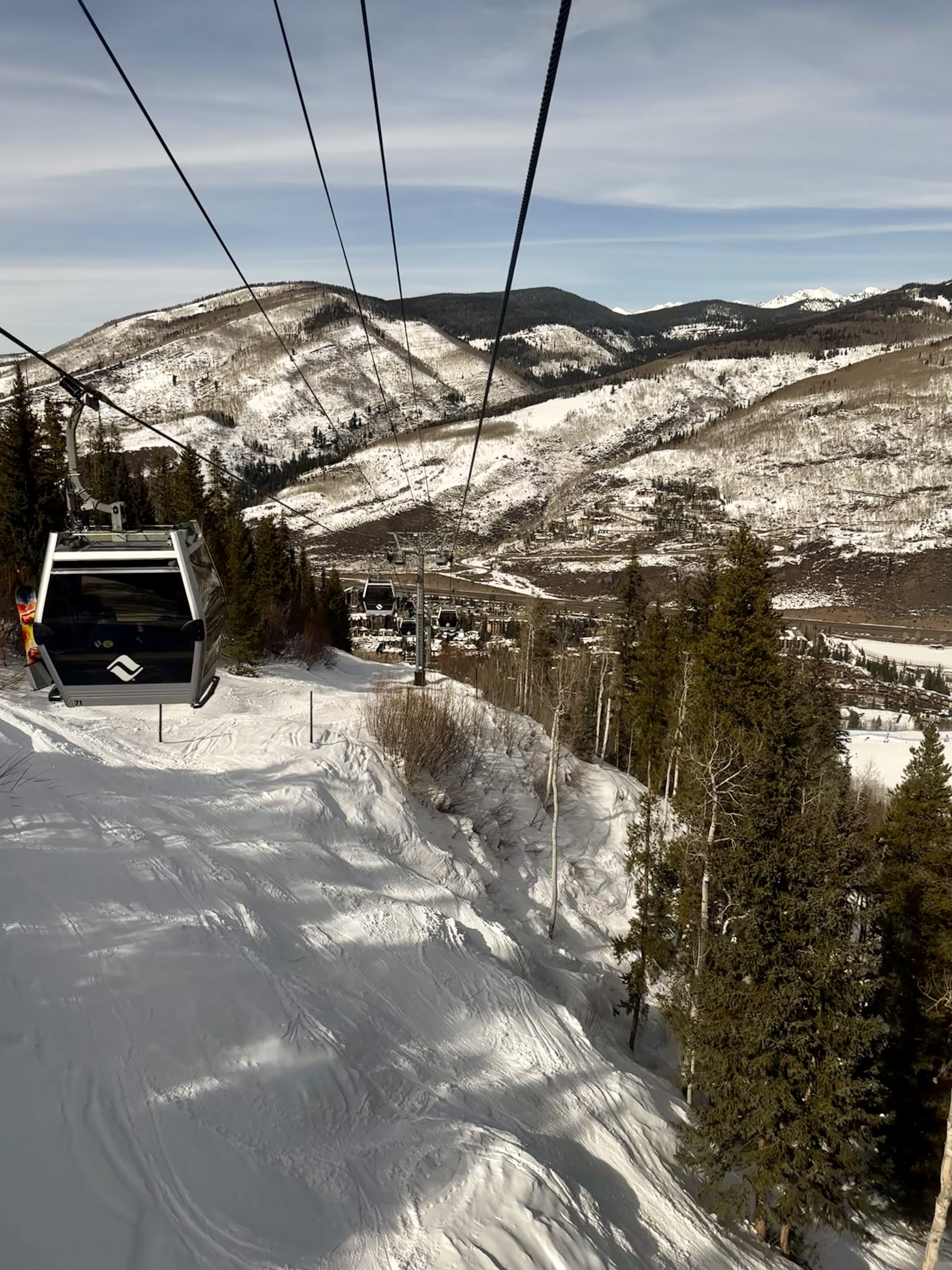 Mountain ski lift with snowy landscape and pine trees
