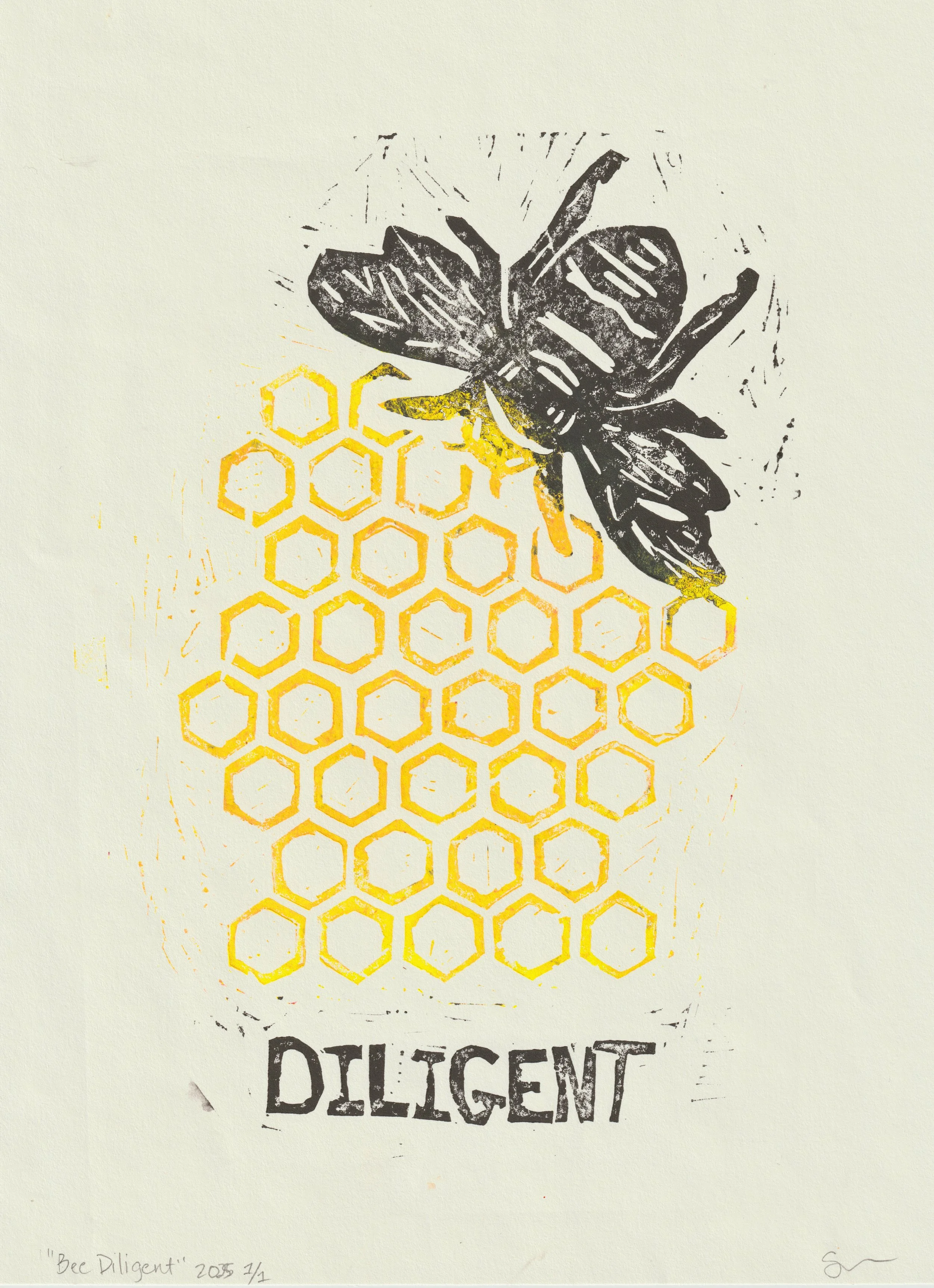 Bee Diligent- 5x7 Original Linocut Print
