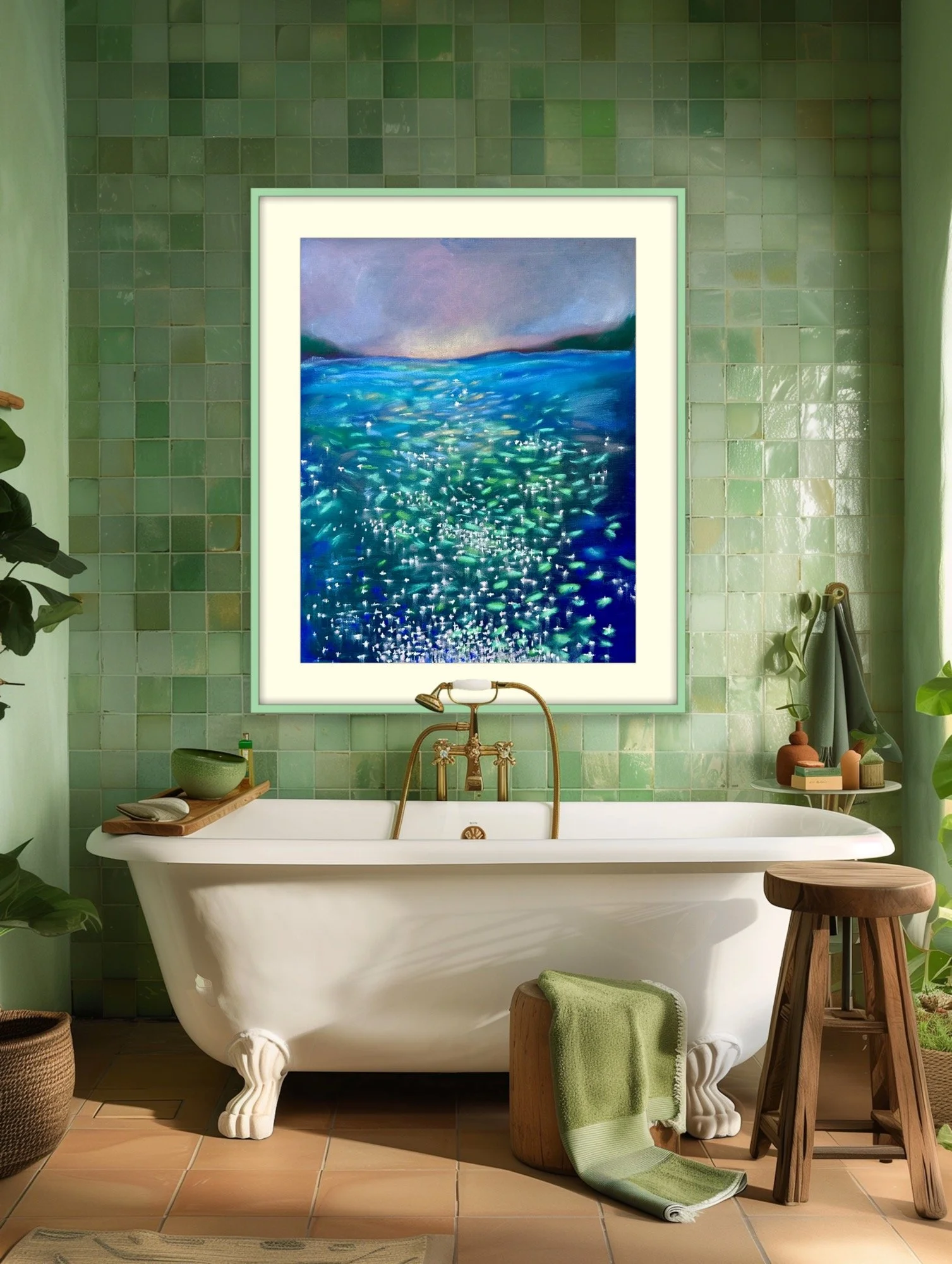 Sparkling lake water reflecting sunlight with shimmering emerald tones, inspired by the Sea of Glass in Revelation 4:6, original painting by Meghan Hernandez