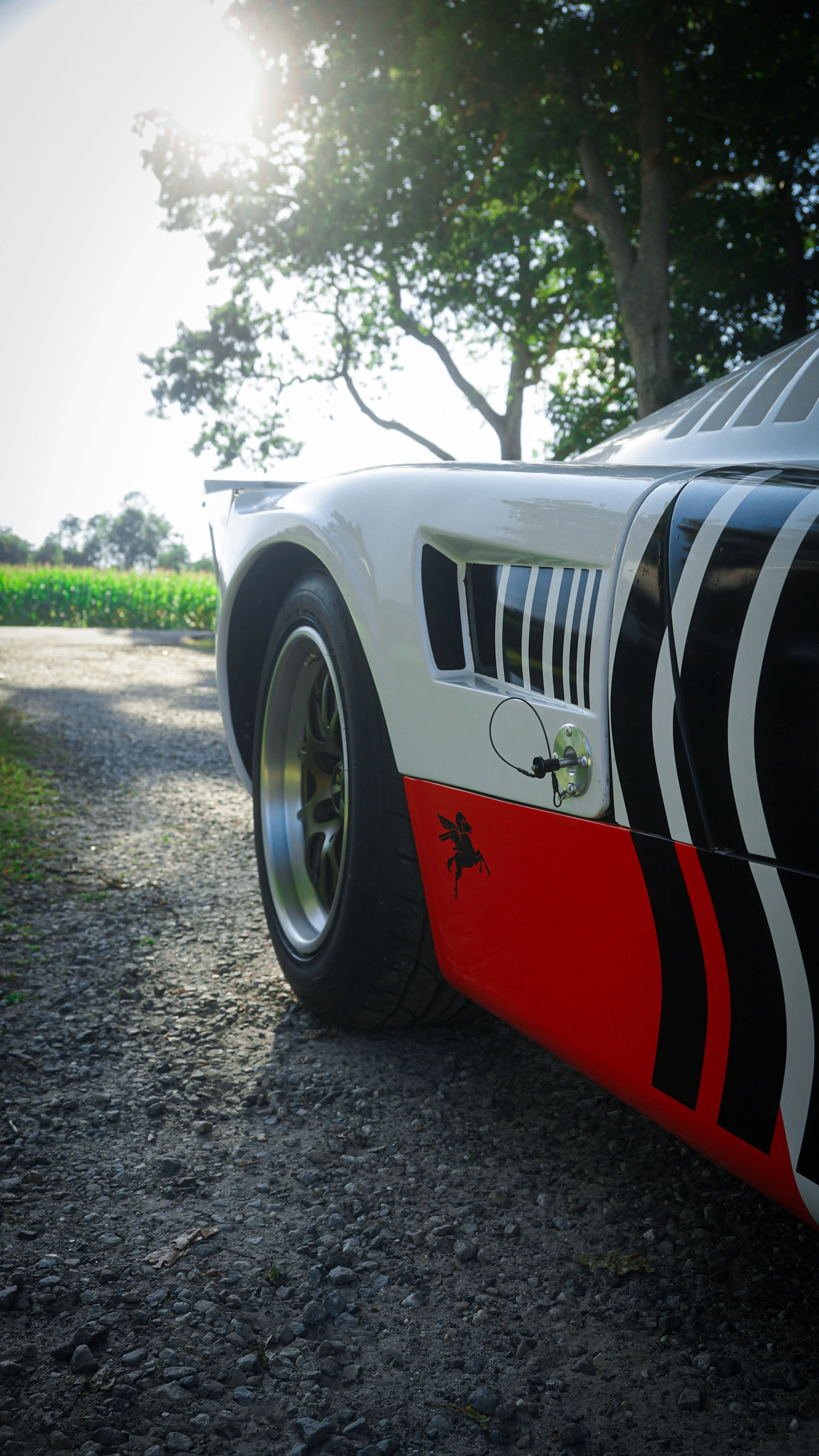 Close-up of a vintage race car on a gravel road, with a white body, black and red accents, and a small black phoenix logo near the front wheel, under sunlight filtering through tree branches.