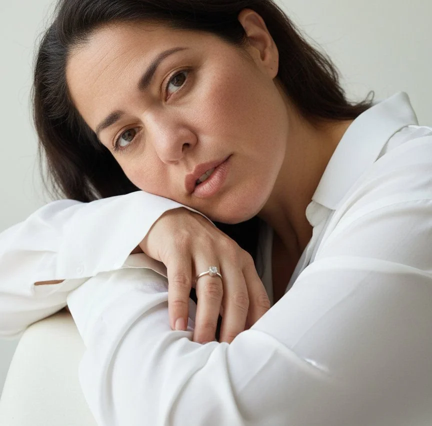 Close-up of a woman with brown hair and light skin, resting her head on her folded arm, wearing a white shirt, with a diamond ring on her finger, looking at the camera with a neutral expression.