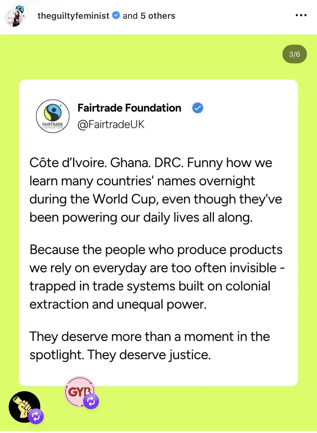 Screenshot of a @FairtradeUK post on green background. Text reads: "Côte d'Ivoire. Ghana. DRC. Funny how we learn many countries' names overnight during the World Cup, even though they've been powering our daily lives all along."