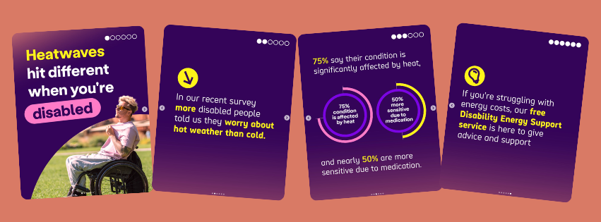 Four slides from Scope's heatwave campaign highlighting that disabled people are disproportionately affected by extreme heat, with survey data and a promotion of their free Disability Energy Support service.
