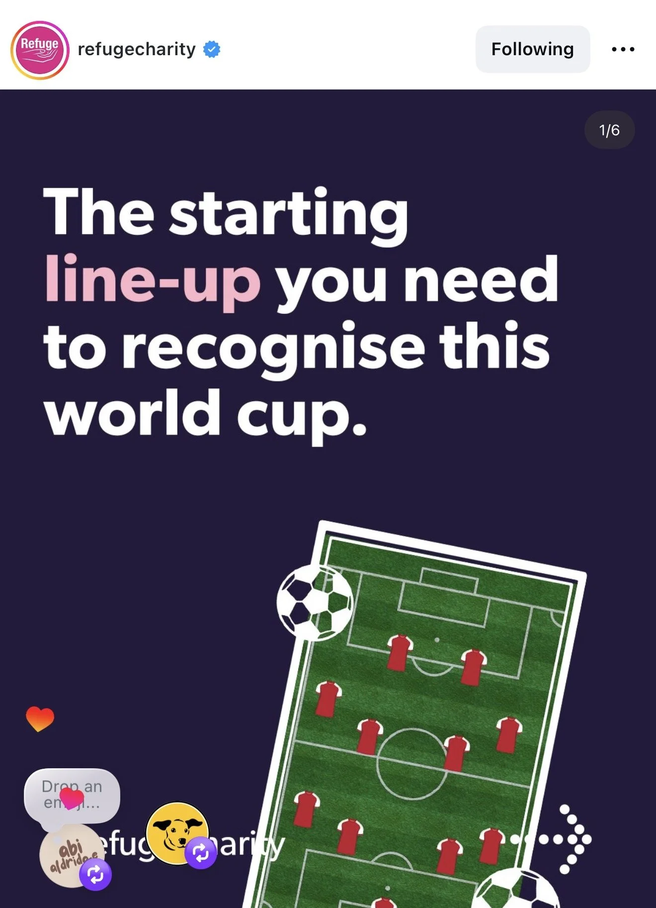 Instagram post from @refugecharity. Dark navy background with illustrated football pitch and red player positions. Text reads: "The starting line-up you need to recognise this world cup."