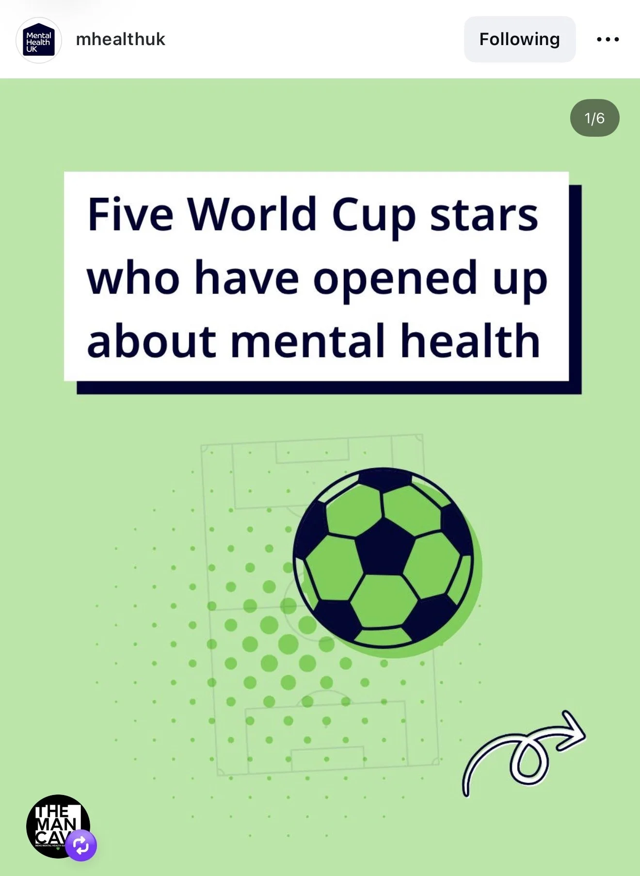 Instagram post from @mhealthuk. Green background with football pitch graphic. Bold text in white box reads: "Five World Cup stars who have opened up about mental health."