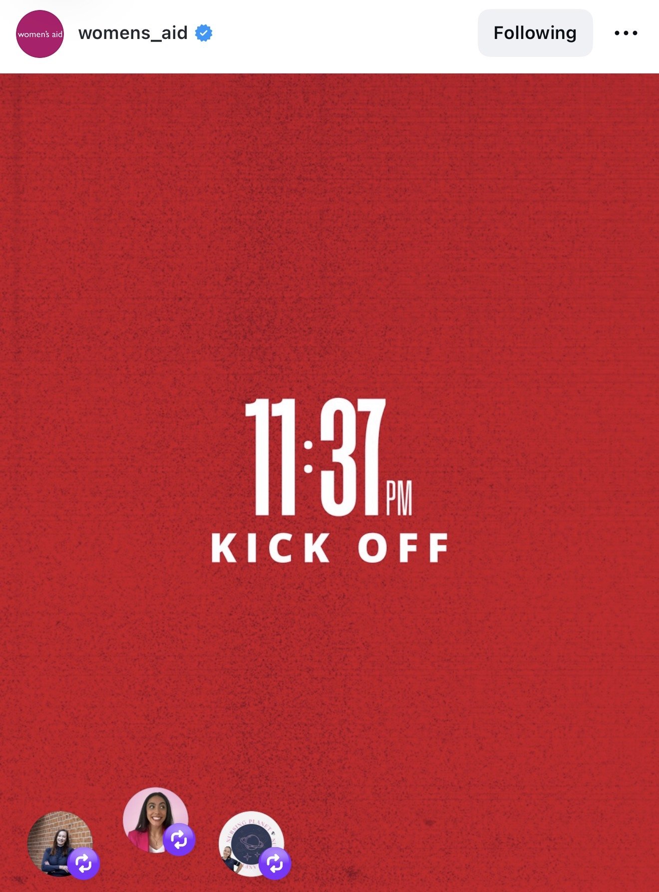Instagram post from @womens_aid. Deep red background with large white text reading "11:37 PM" and below it in bold capitals: "KICK OFF."