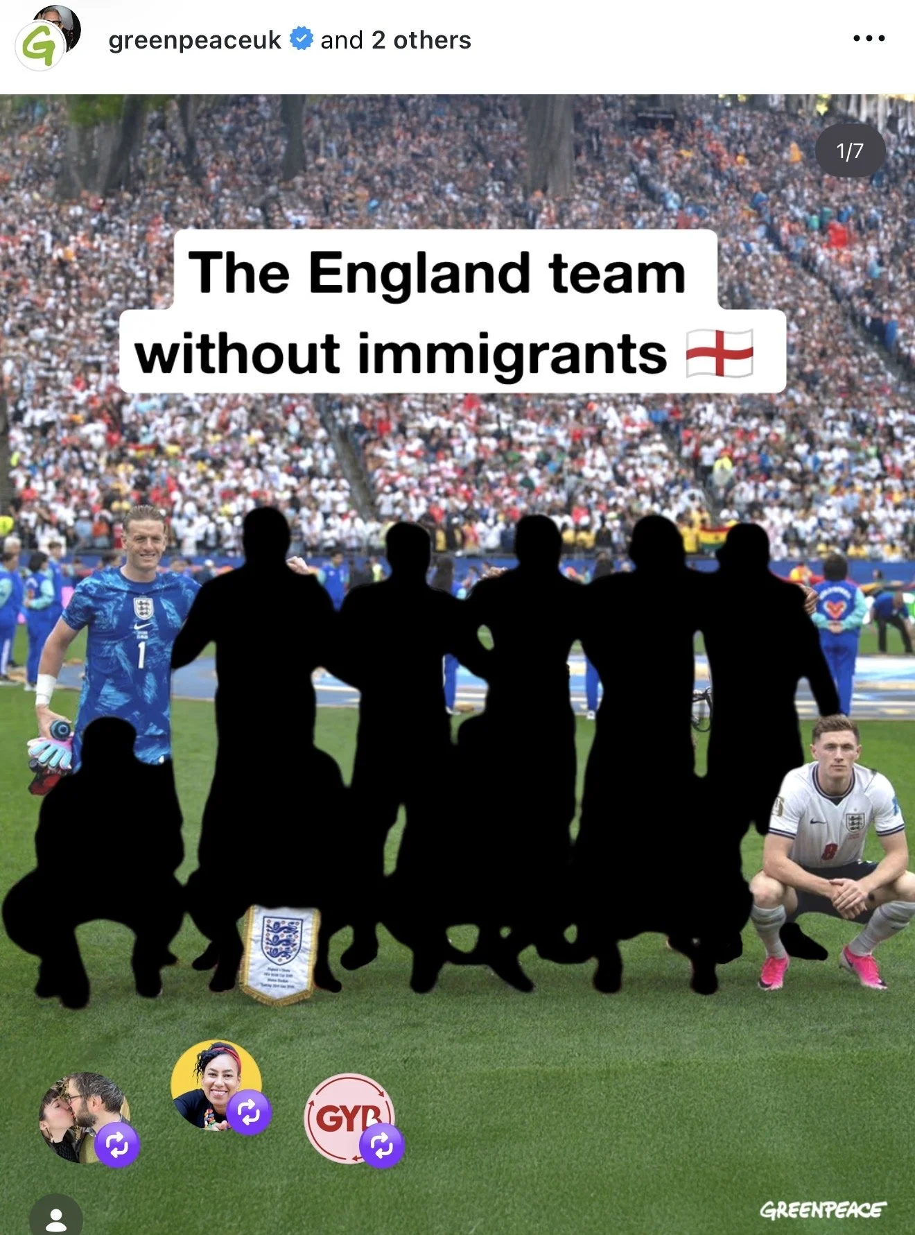Instagram post from @greenpeaceuk. England football team on a pitch, most players shown as black silhouettes with only two visible in full colour. Text reads: "The England team without immigrants."