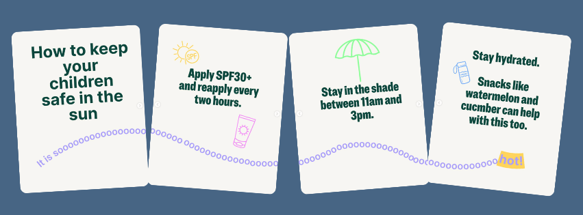 Four slides from Barnardo's "How to keep your children safe in the sun" carousel, with tips including applying SPF30+, staying in the shade between 11am and 3pm, and staying hydrated.