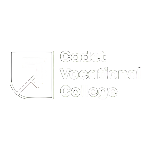 Cadet Vocational College logo with a graphic of a folder and a file, on a black background.