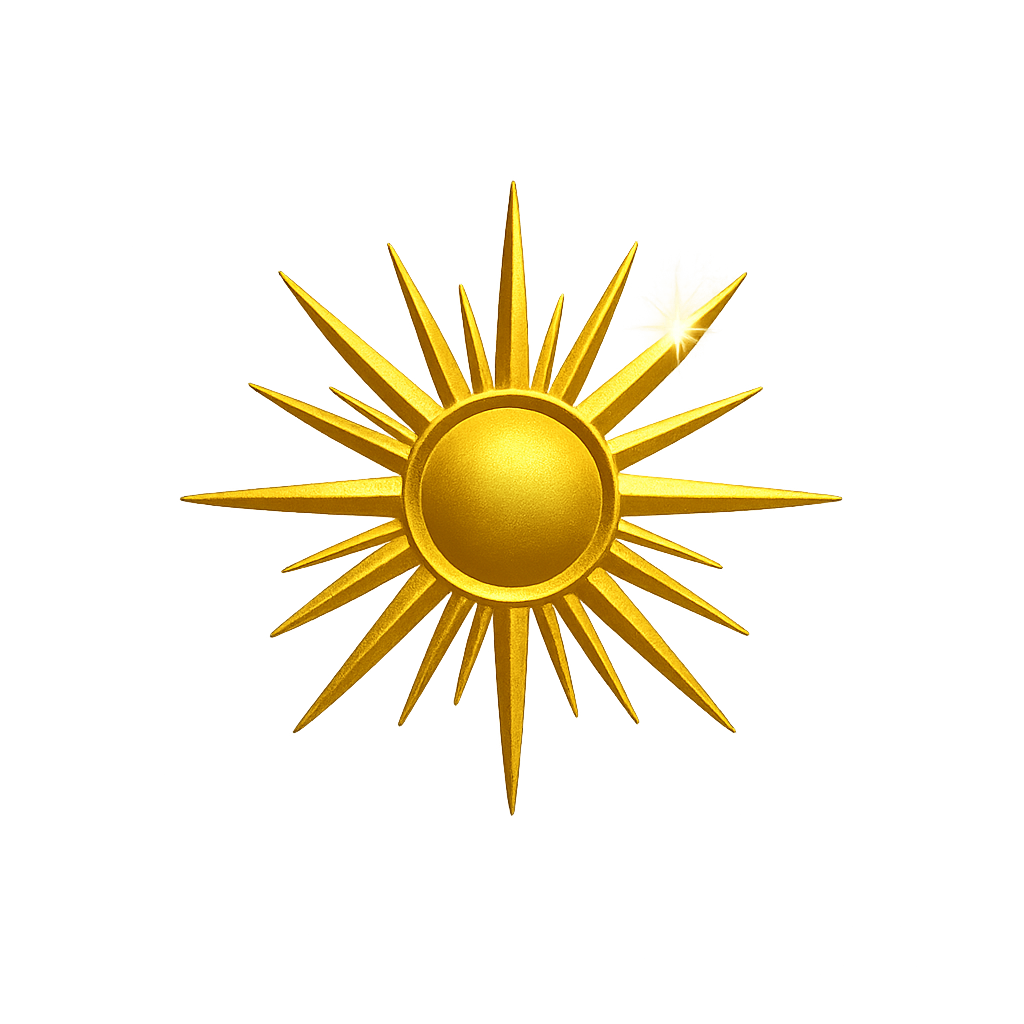 A shiny gold starburst medal with a circular center, radiating pointed rays, and a glow effect against a black background.