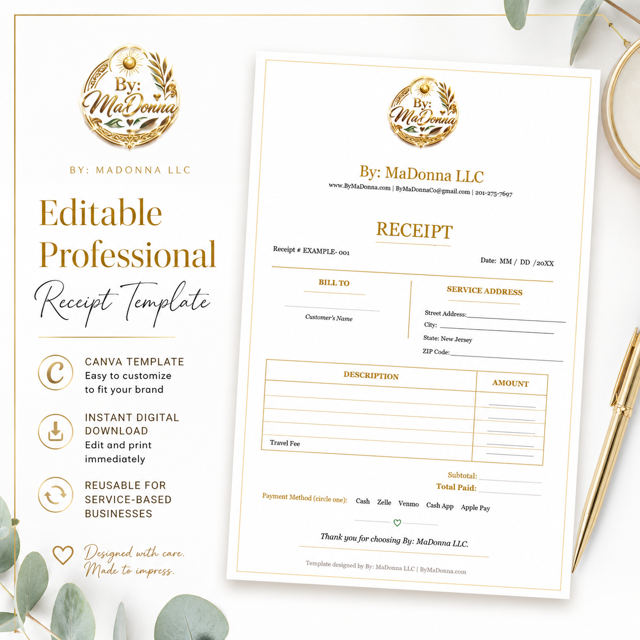 Editable Professional Receipt Template | Canva Template | Digital Download