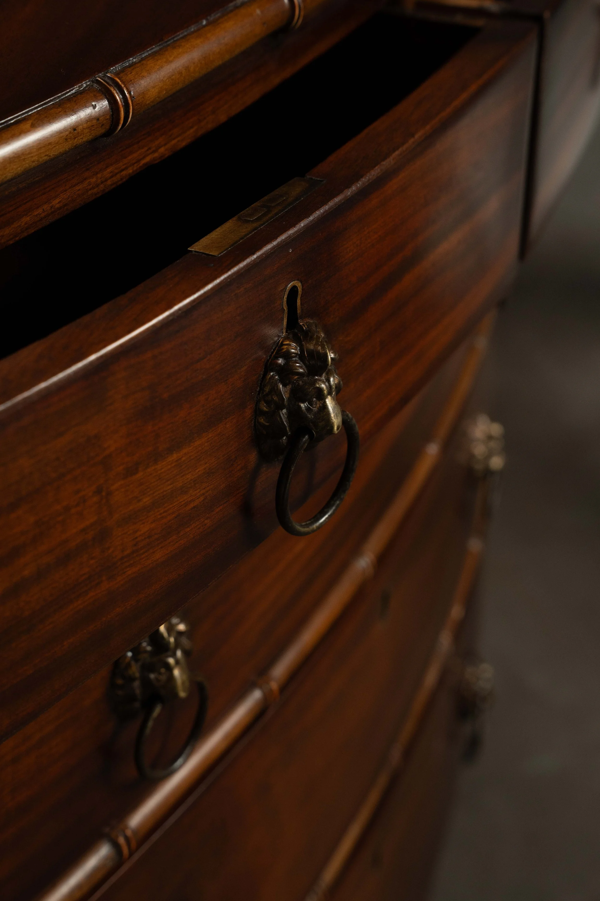 English Mahogany Lion Handle Faux Bamboo Chest Circa5.jpg