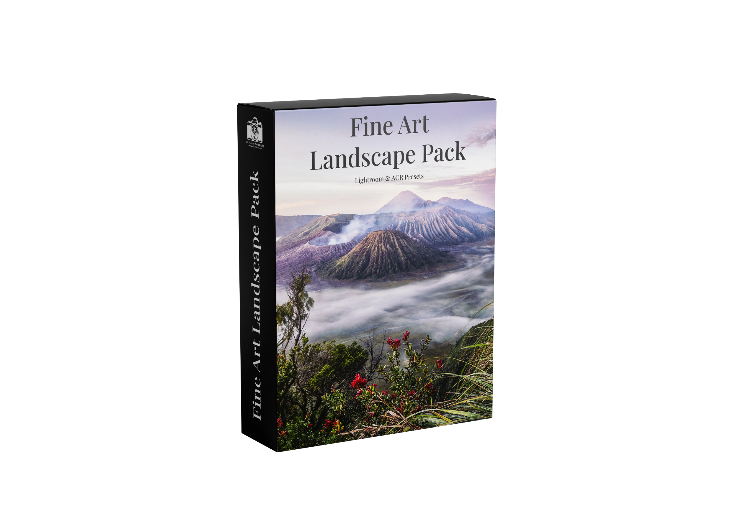 Cover image of a landscape art pack featuring a photo of a volcanic landscape with mountains, clouds, and vegetation, with color swatches on the right.