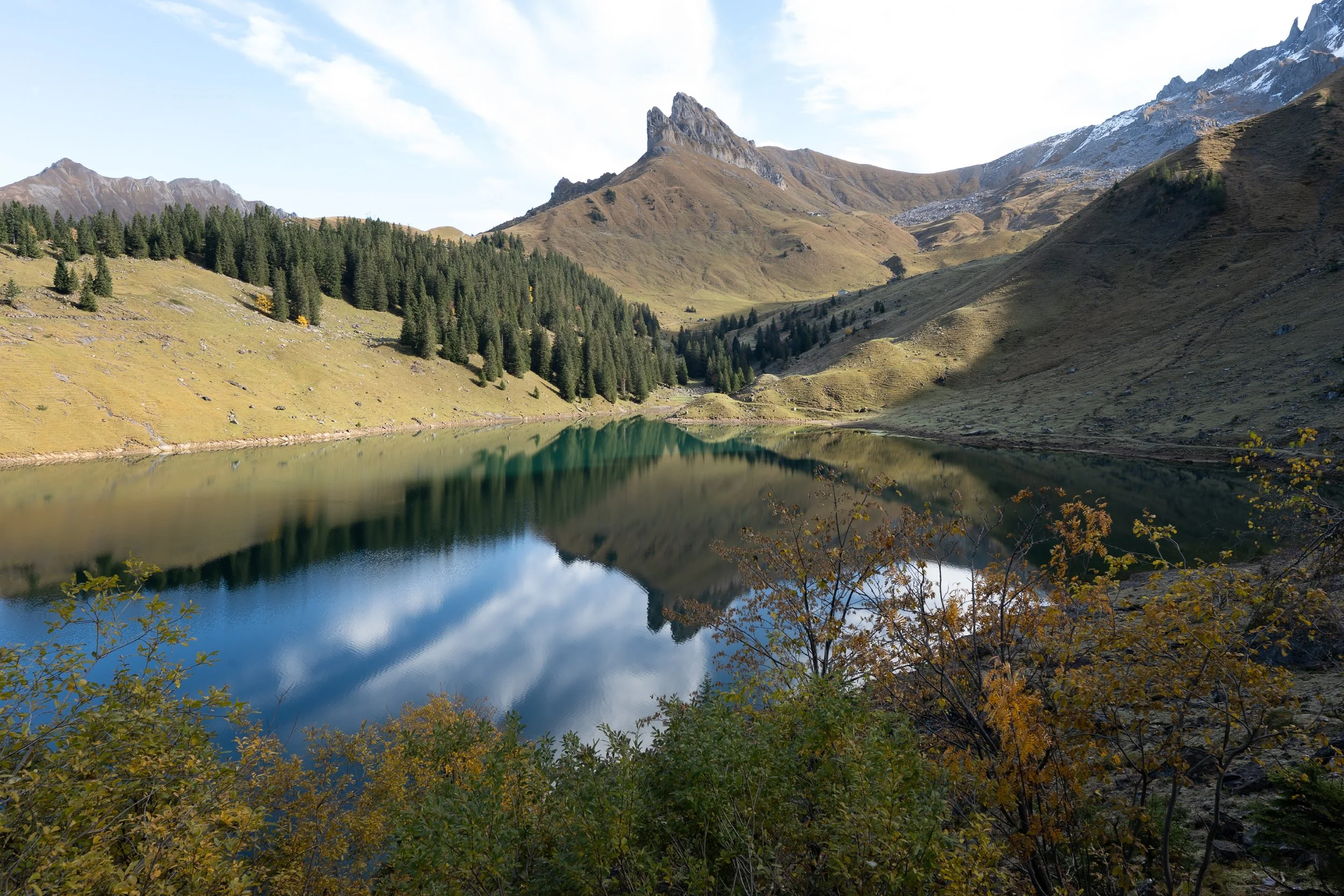 Scenic mountain landscape with a calm lake reflecting the surrounding green hills, pine trees, and distant snow-capped peaks on a partly cloudy day.
