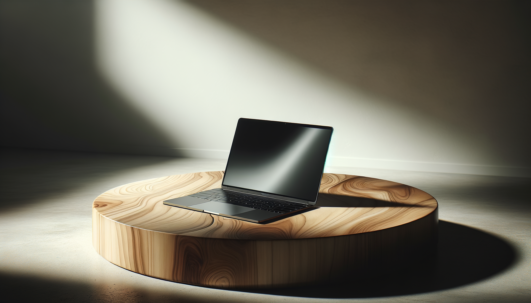 A sleek black laptop on a round wooden platform in a dimly lit room with soft, zero shadows.