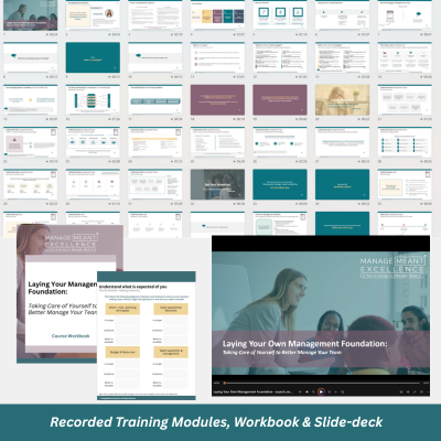 A woman standing and speaking to a seated group of diverse professionals in a modern office with large windows, promoting management training and team leadership.