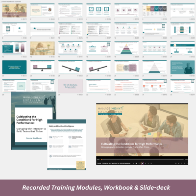 A man is having a serious conversation with a woman in an office setting with bookshelves in the background. The text on the image reads: 'Manage Meant Excellence' and 'Cultivating the Conditions for High Performance: Managing with Intention to Build Teams That Thrive.'