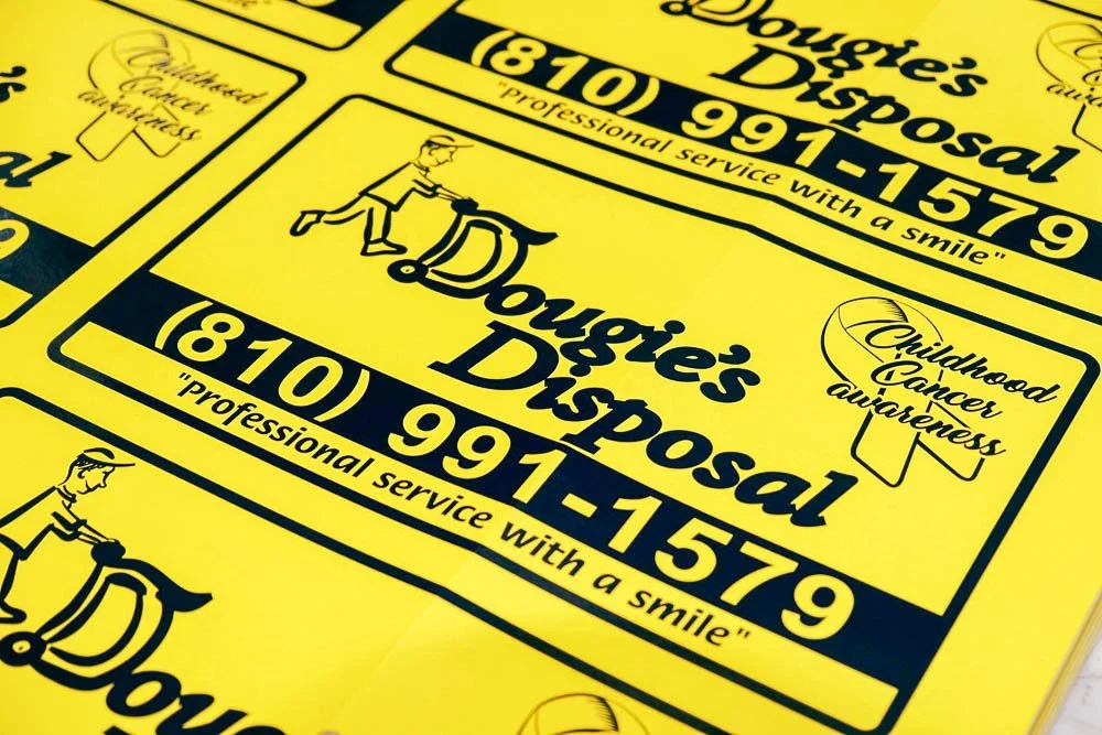 Bright yellow flyer for Dougie's Disposal with black text, including contact number and slogan, and a crying child logo indicating childhood cancer awareness.