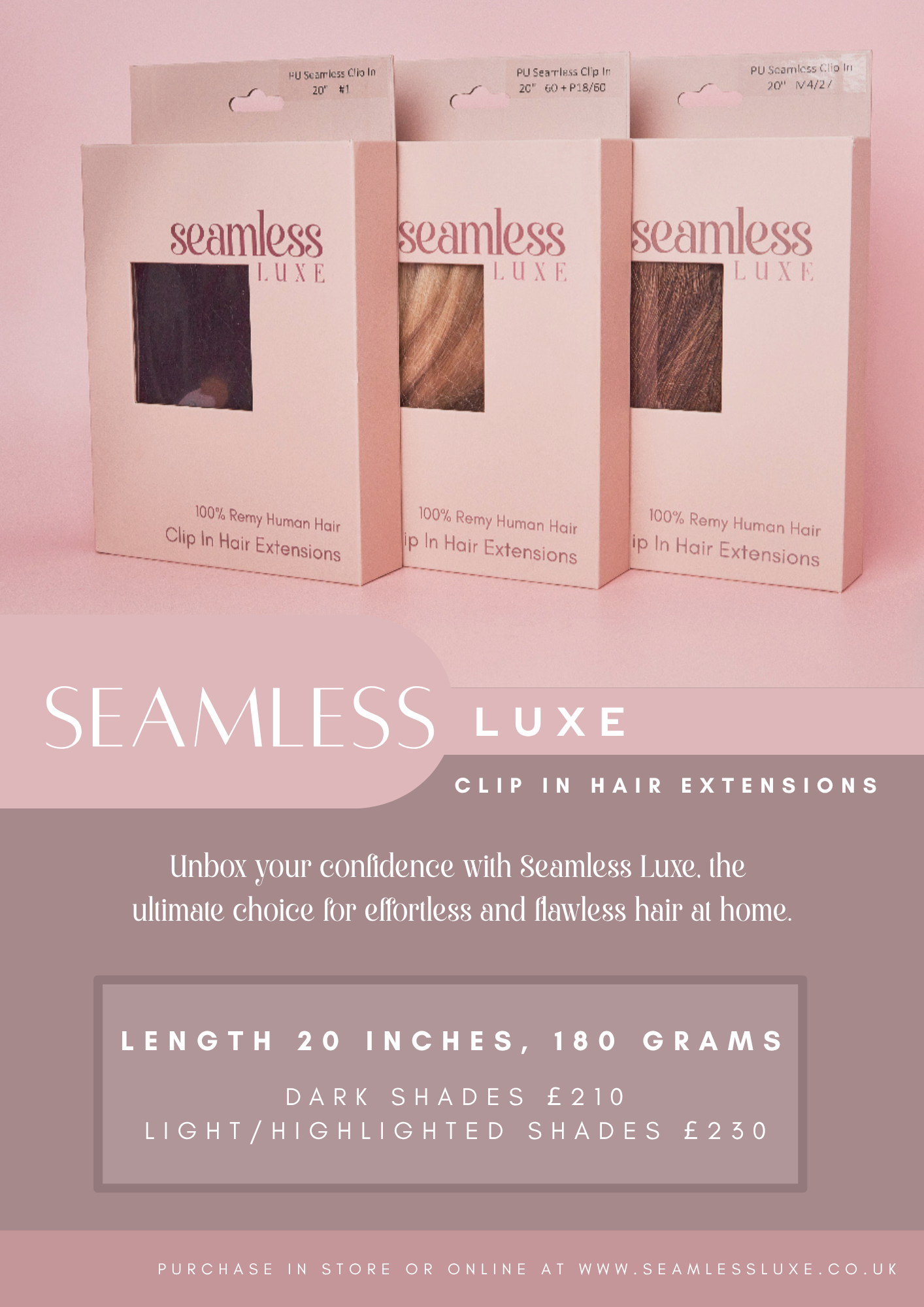 Package display of Seamless Luxe clip-in hair extensions in three shades, set against a pink background, with descriptive promotional text.