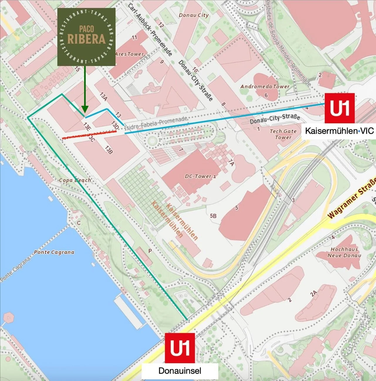 🚇 Coming by metro? We&rsquo;ve got you covered!
Paco Ribera is just a short walk from U1 Kaiserm&uuml;hlen&ndash;VIC or U1 Donauinsel, follow the Isidra Fabelle promenade and you&rsquo;ll be right at our doorstep. 

🚗 Coming by car? We have plenty 