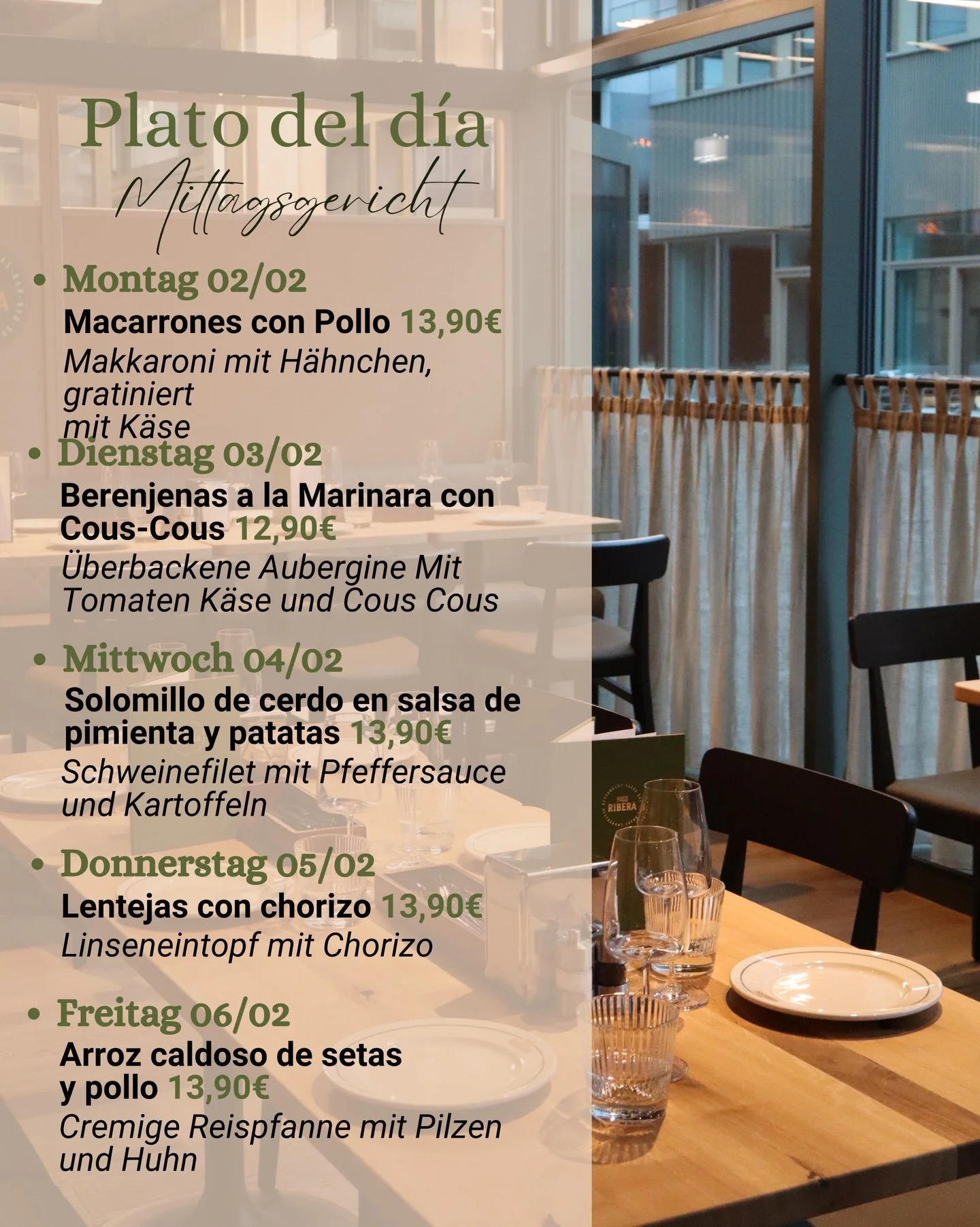 &iexcl;Plato del d&iacute;a! 🍽️☀️

From Monday to Friday we serve a different lunch meal from 12:00 until 14:30 

&bull;⁠ ⁠Monday 02/02
Macarrones con Pollo - 13,90&euro;
Makkaroni mit H&auml;hnchen, gratiniert mit K&auml;se

&bull;⁠ ⁠Tuesday 02/02
