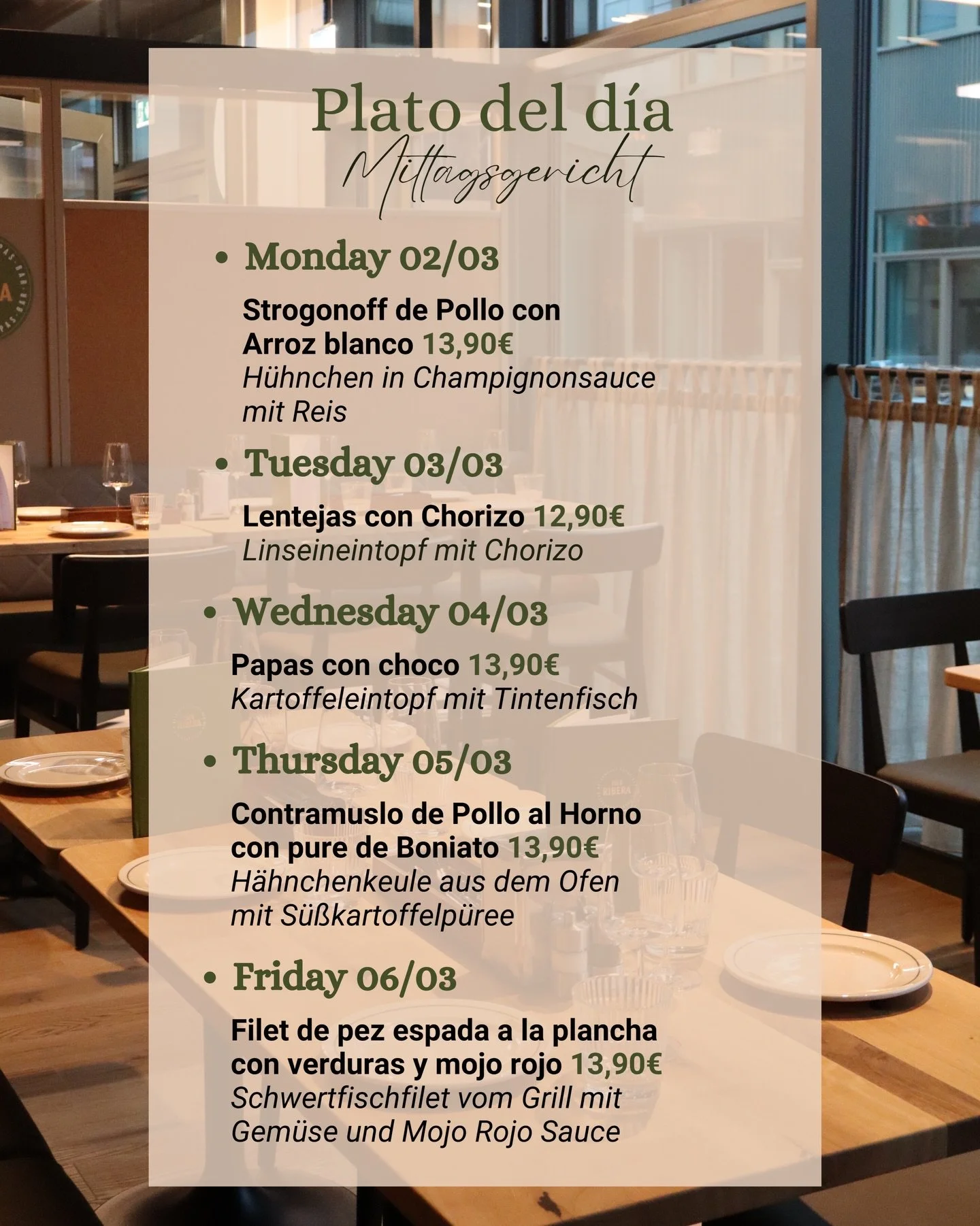&iexcl;Plato del d&iacute;a! 🍽️☀️

From Monday to Friday we serve a different lunch meal from 12:00 until 14:30 

&bull;⁠ ⁠Monday 02/03
Strogonoff de Pollo con Arroz blanco - 13,90&euro;
H&uuml;hnchen in Champignonsauce mit Reis

&bull;⁠ ⁠Tuesday 03