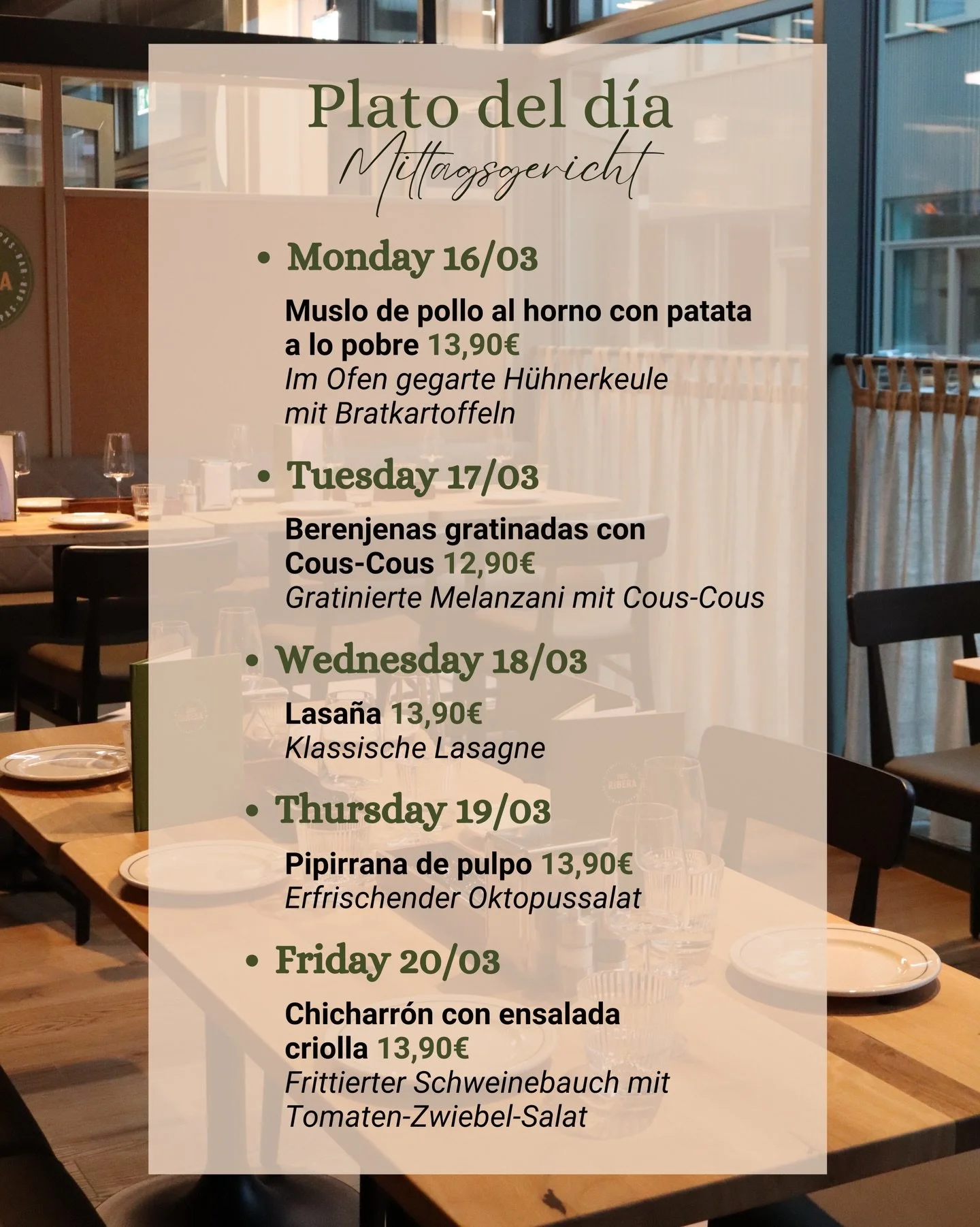 &iexcl;Plato del d&iacute;a! 🍽️☀️

From Monday to Friday we serve a different lunch meal from 12:00 until 14:30 

&bull;⁠ ⁠Monday 16/03
Muslo de pollo al horno con patata a lo pobre - 13,90&euro;
Im Ofen gegarte H&uuml;hnerkeule mit Bratkartoffeln

