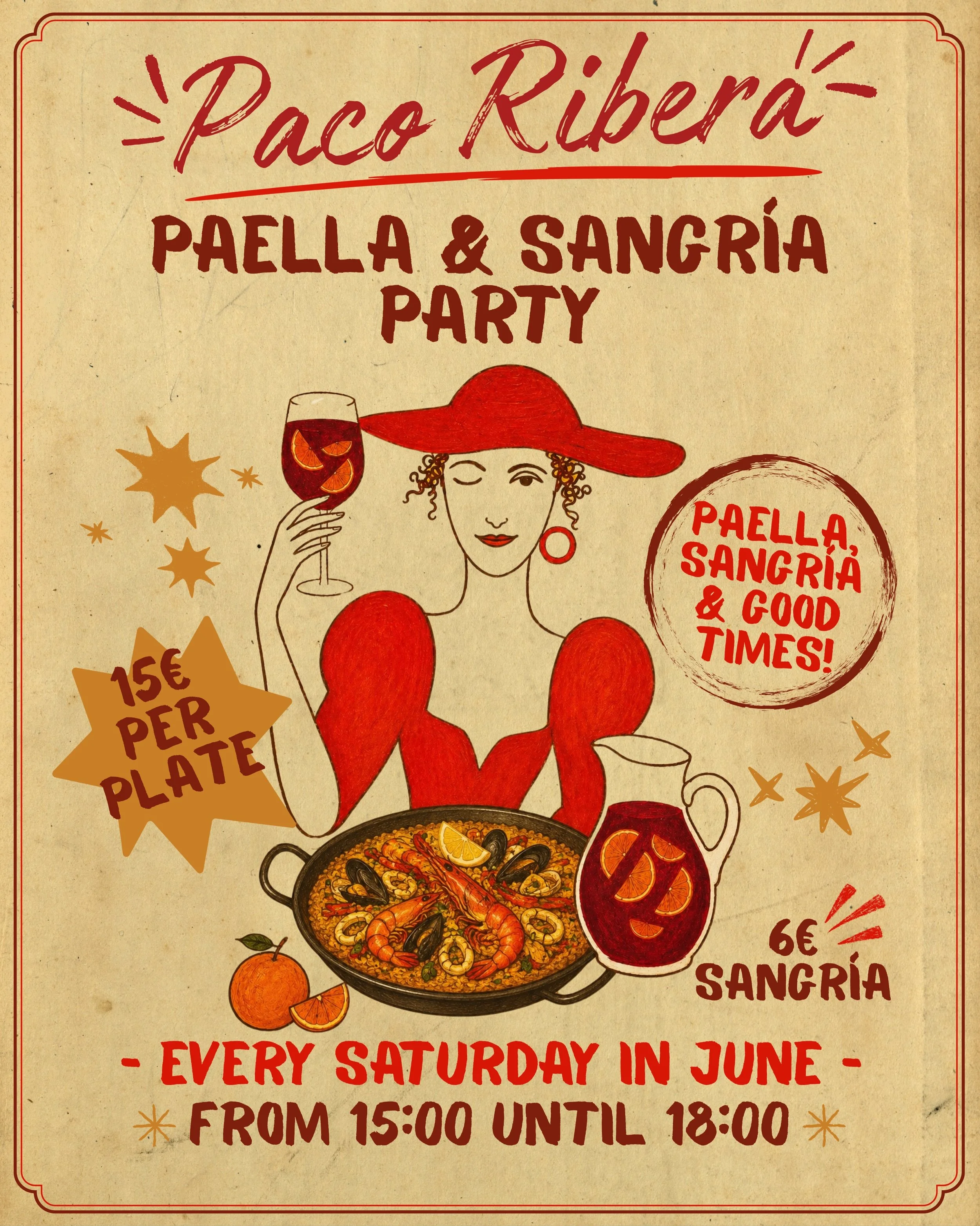 🥘🍷 Paco Ribera&rsquo;s Paella &amp; Sangr&iacute;a Party! 🇪🇸✨

Looking for the perfect Saturday afternoon plan? Join us every Saturday in June for an authentic Spanish feast filled with delicious paella, refreshing sangr&iacute;a, and great compa