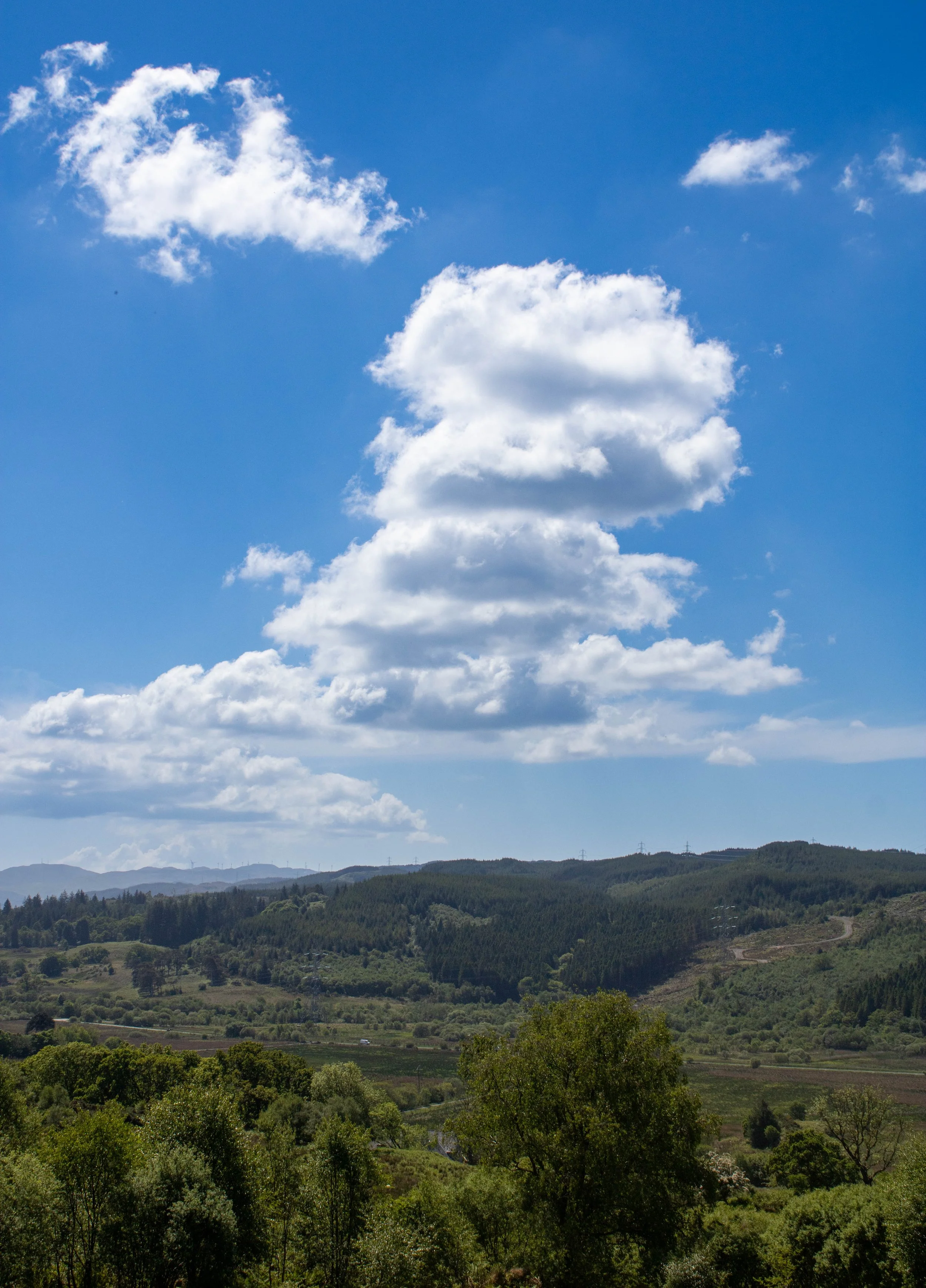 A scenic landscape featuring green hills and trees under a blue sky with scattered fluffy white clouds.