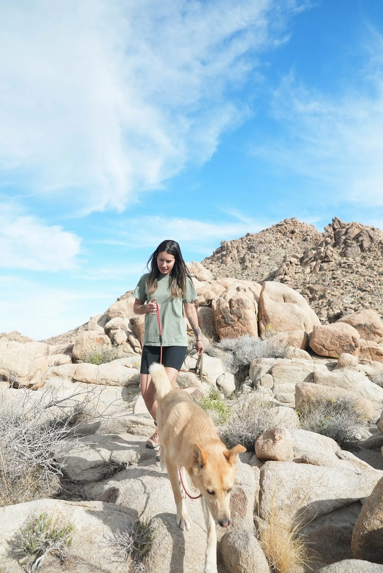 A woman hiking with her dog through a rocky desert landscape under a bright blue sky with scattered clouds.