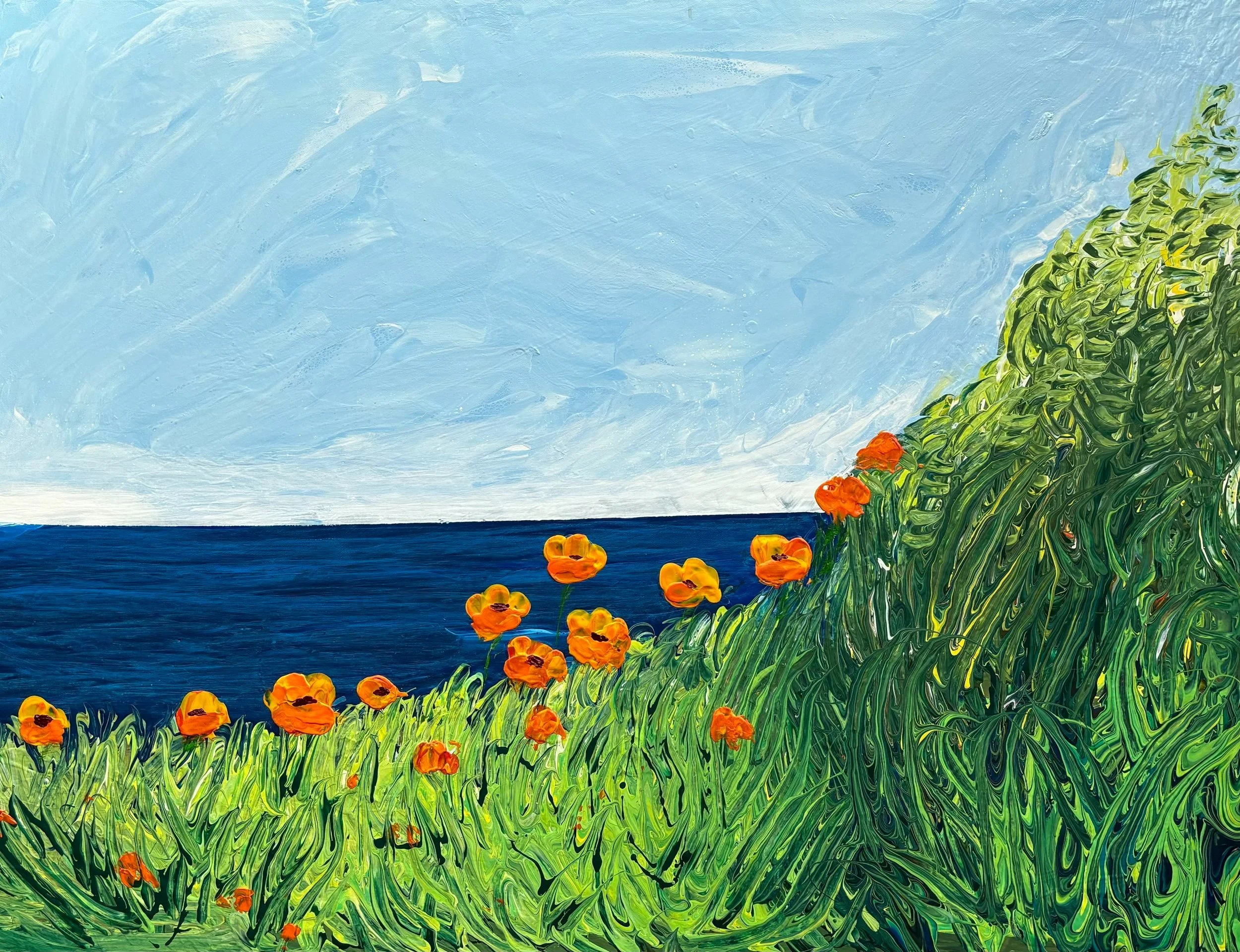 Impressionist painting of a coastal landscape with orange poppies and greenery in the foreground, a blue ocean in the middle, and a bright blue sky overhead.