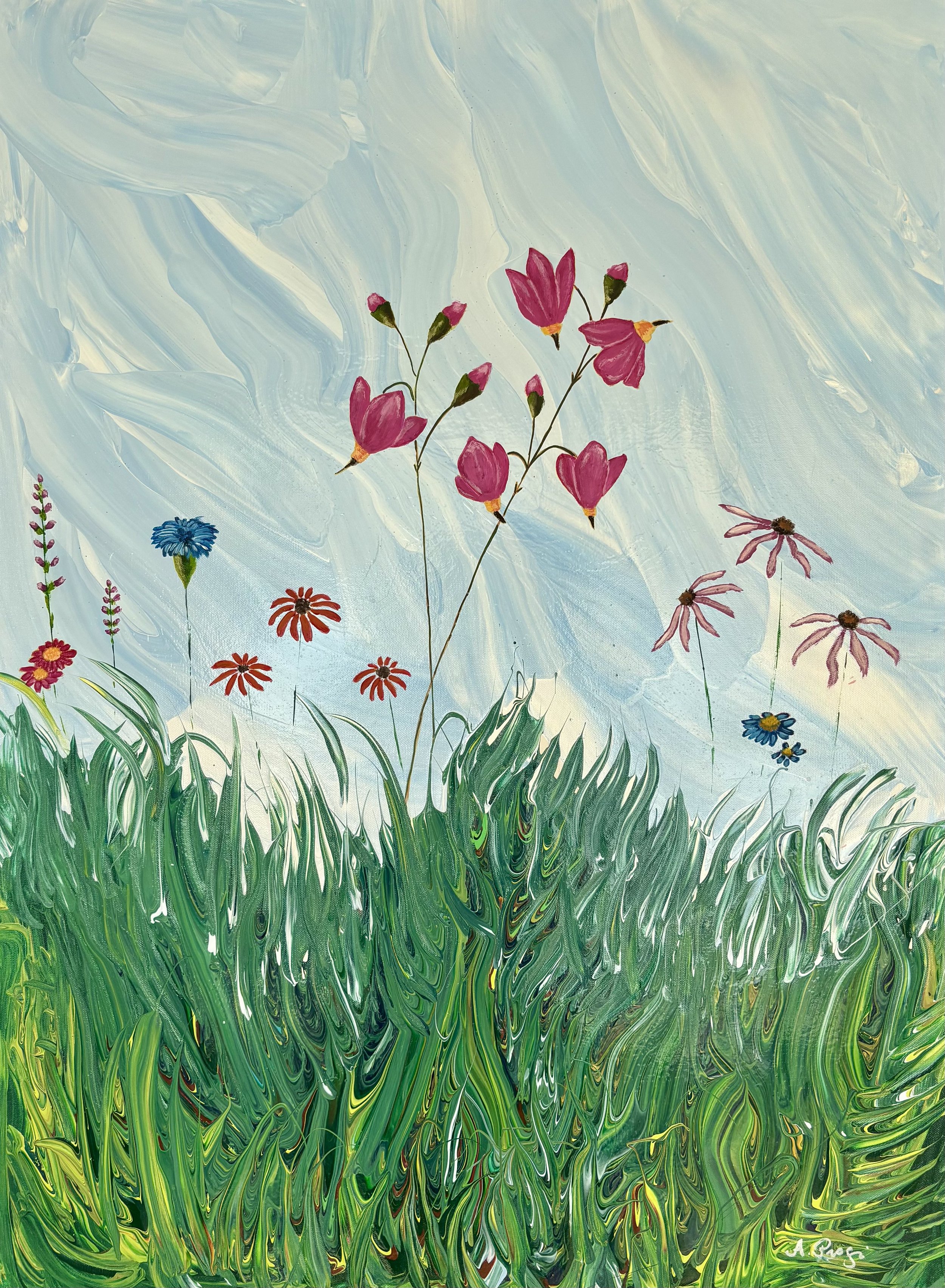 Abstract painting of flowers and grass with a textured sky background featuring pink, blue, and red flowers above swirled green grass.