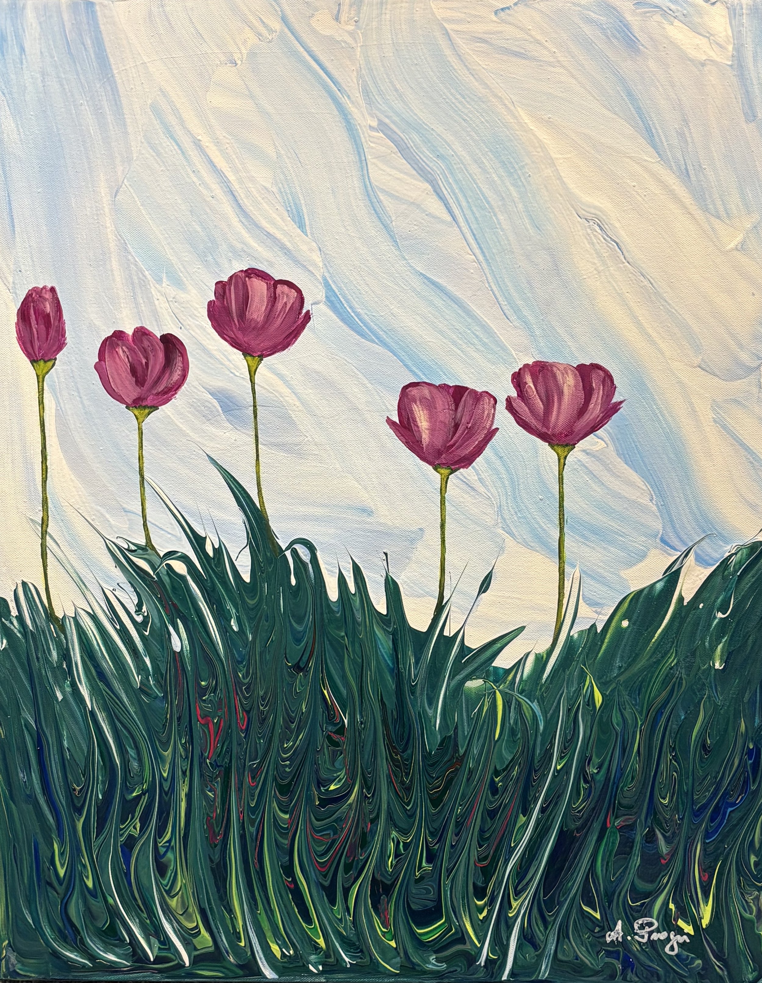 Abstract painting of five purple tulips with green stems and leaves against a light blue and white background.