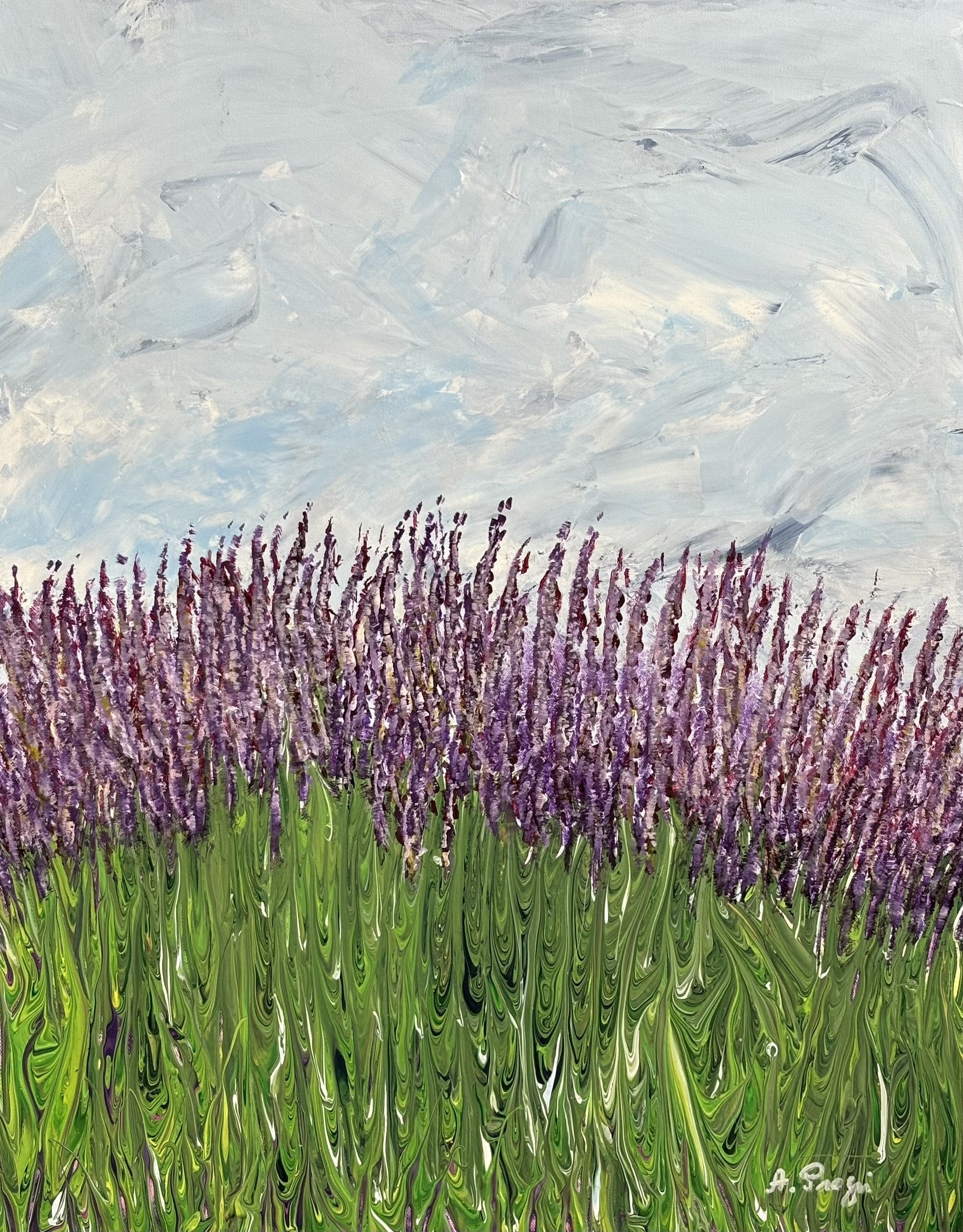Abstract painting of lavender field with a cloudy sky