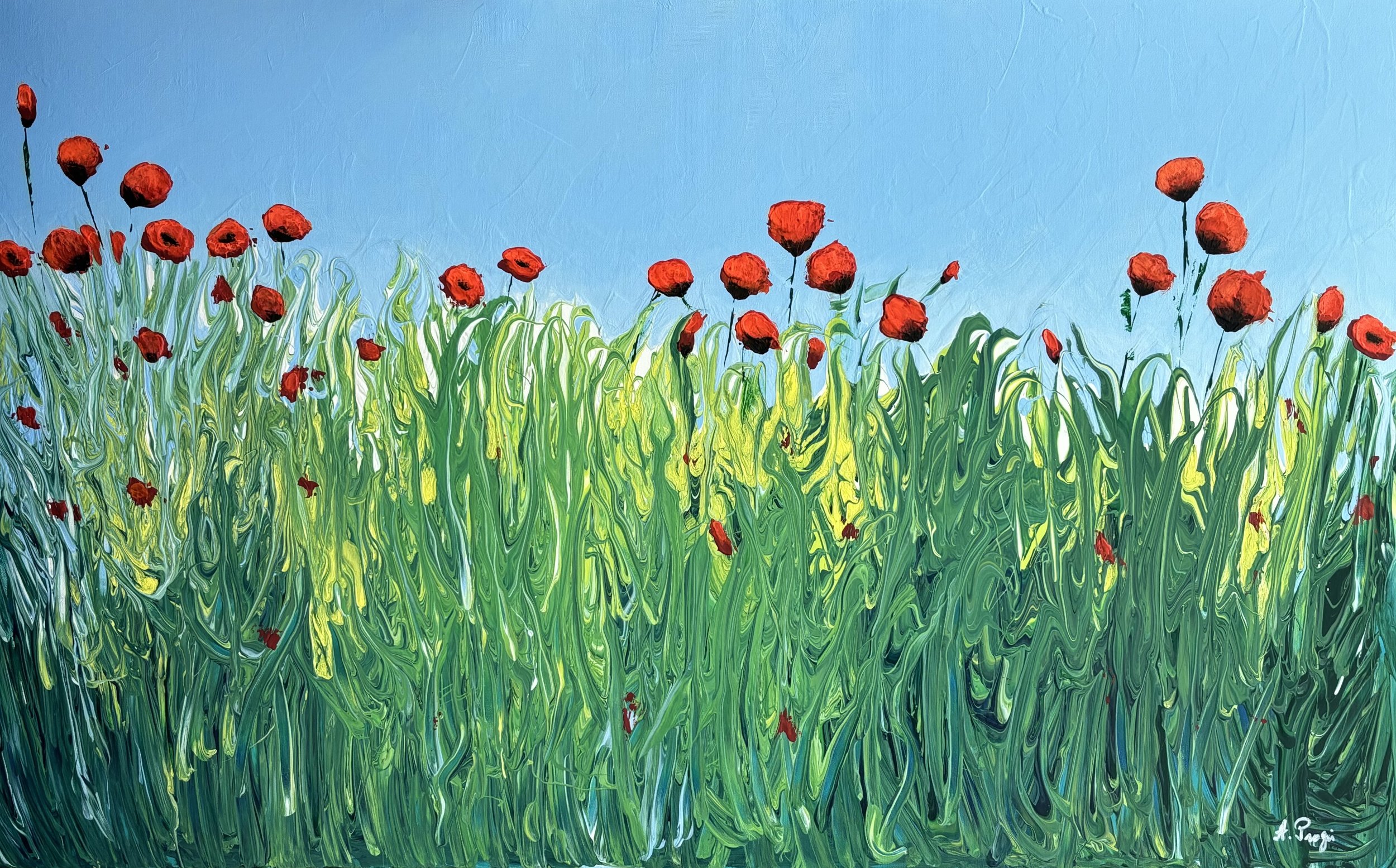 Abstract painting of red poppies against a blue sky and green grass.