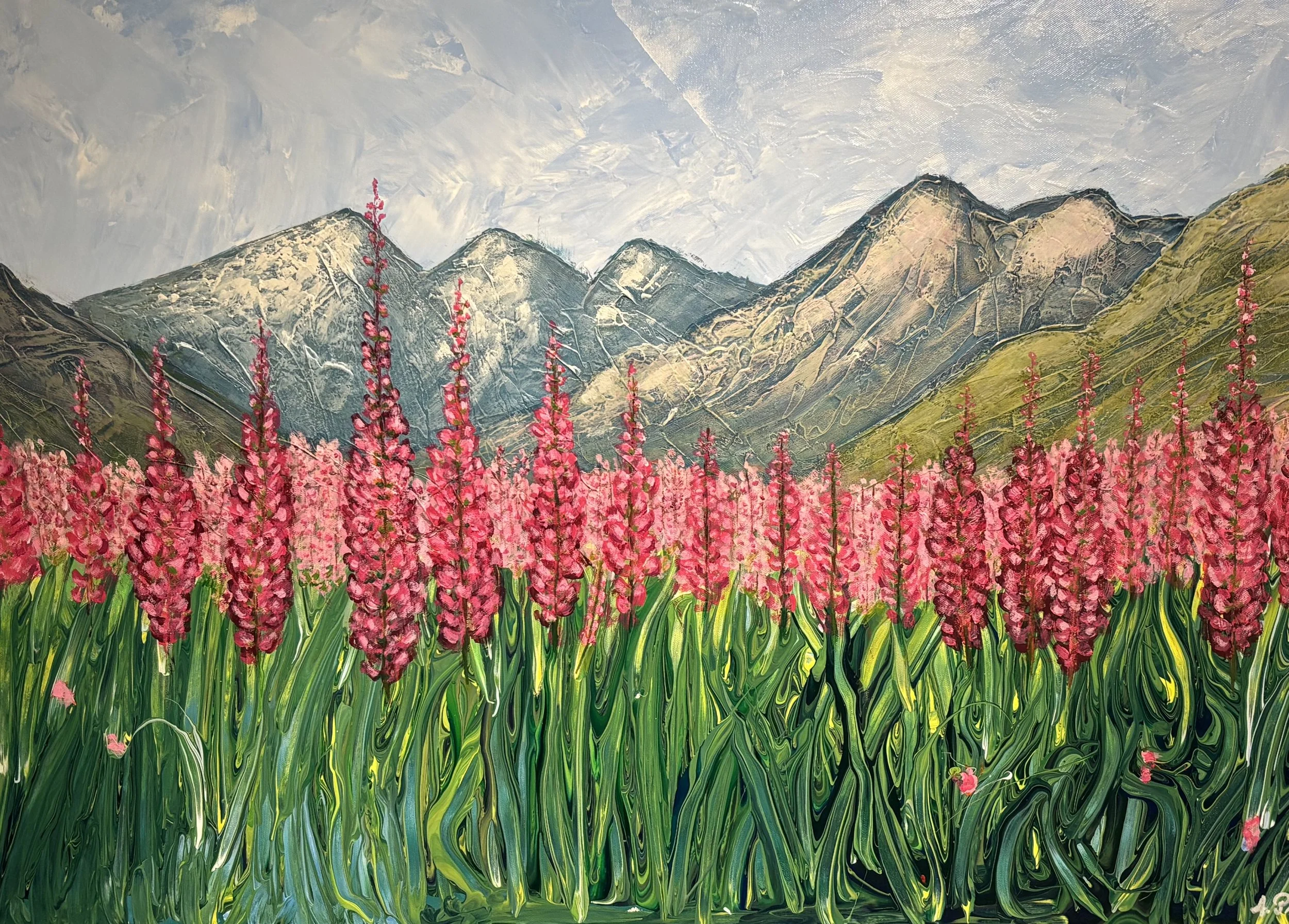 Title: Alaska Fireweeds 
Size: 30x48x1.5 in
Medium: Acrylic on Canvas 
Price: $2,500 

Inspired by: fireweed fields in Denali National Park, Alaska  