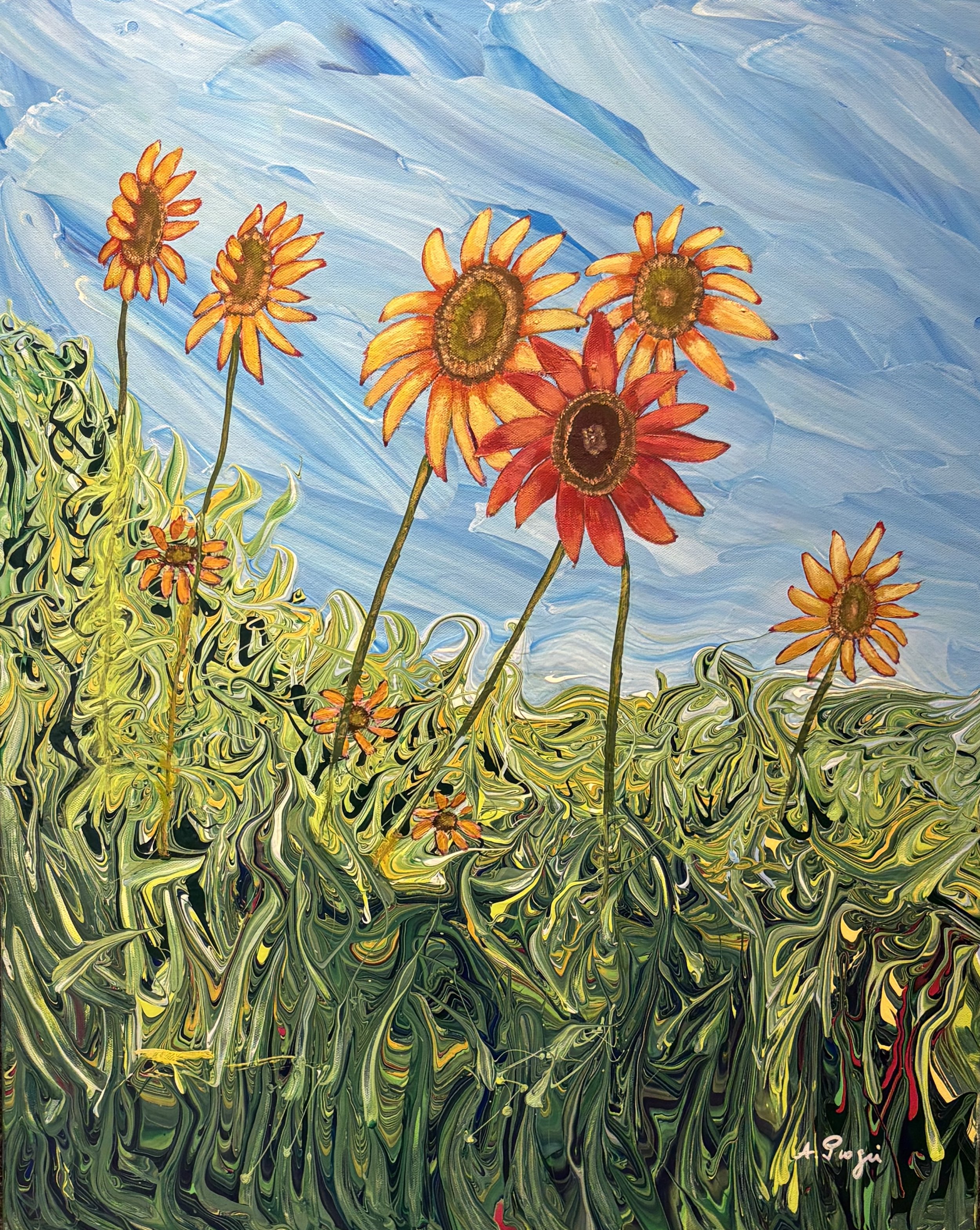 Abstract painting of vibrant orange and yellow sunflowers against a swirling blue and green background.