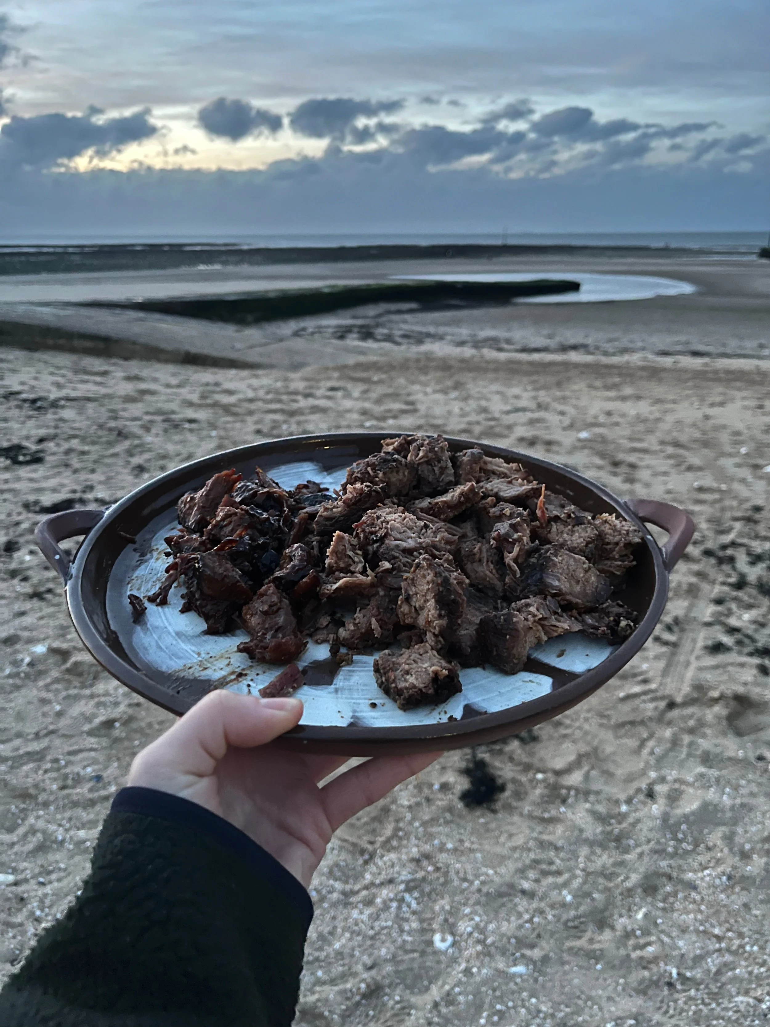 A person is holding a plate of cooked meat on a beach with sand and water, with a cloudy sky in the background.
