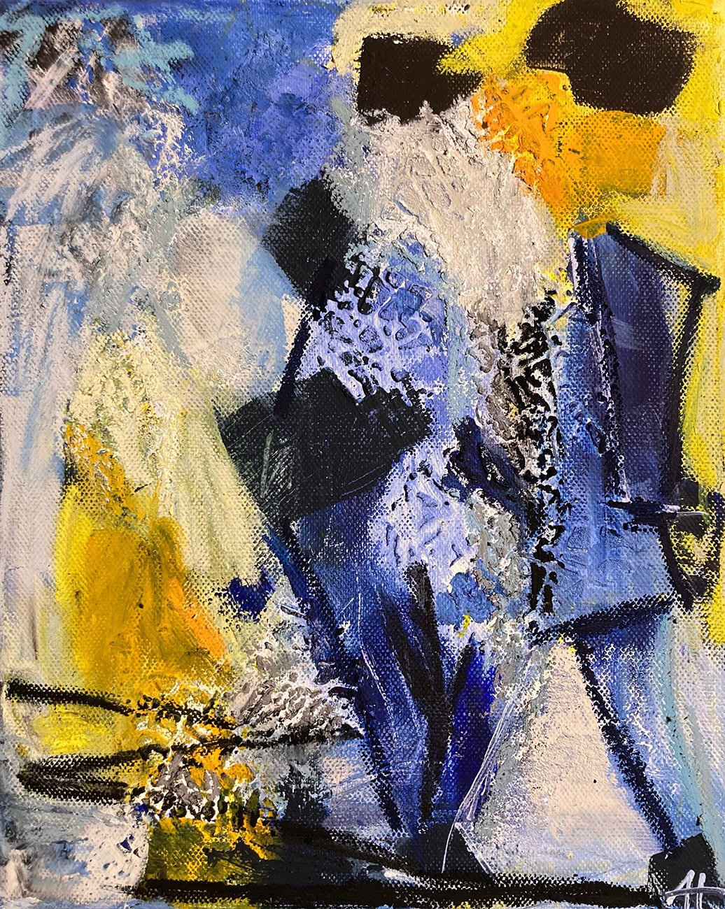 Abstrakt-expressives figuratives Gemälde „Man in Blue“ von AnnHo Arts