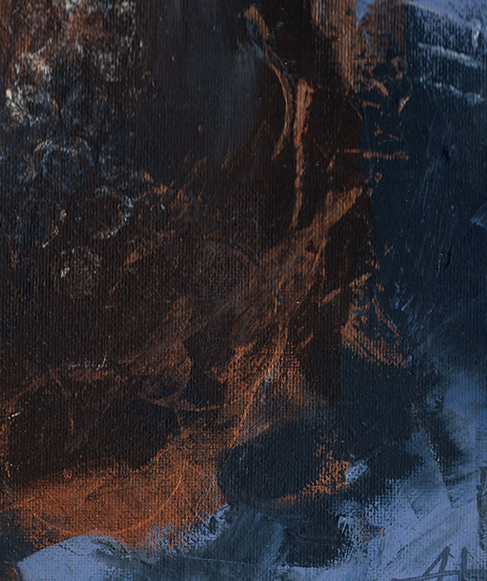 Detailansicht eines expressiven Gemäldes in kühlen Blau- und Grautönen