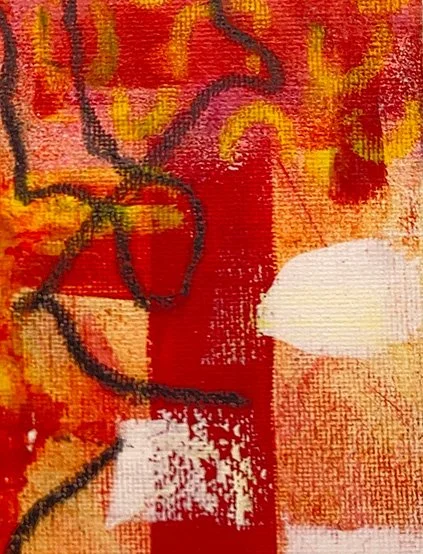 Detail des abstrakten Gemäldes mit leuchtend roten und orangefarbenen Flächen, dunklen Schlaufenlinien und weißen Akzenten.