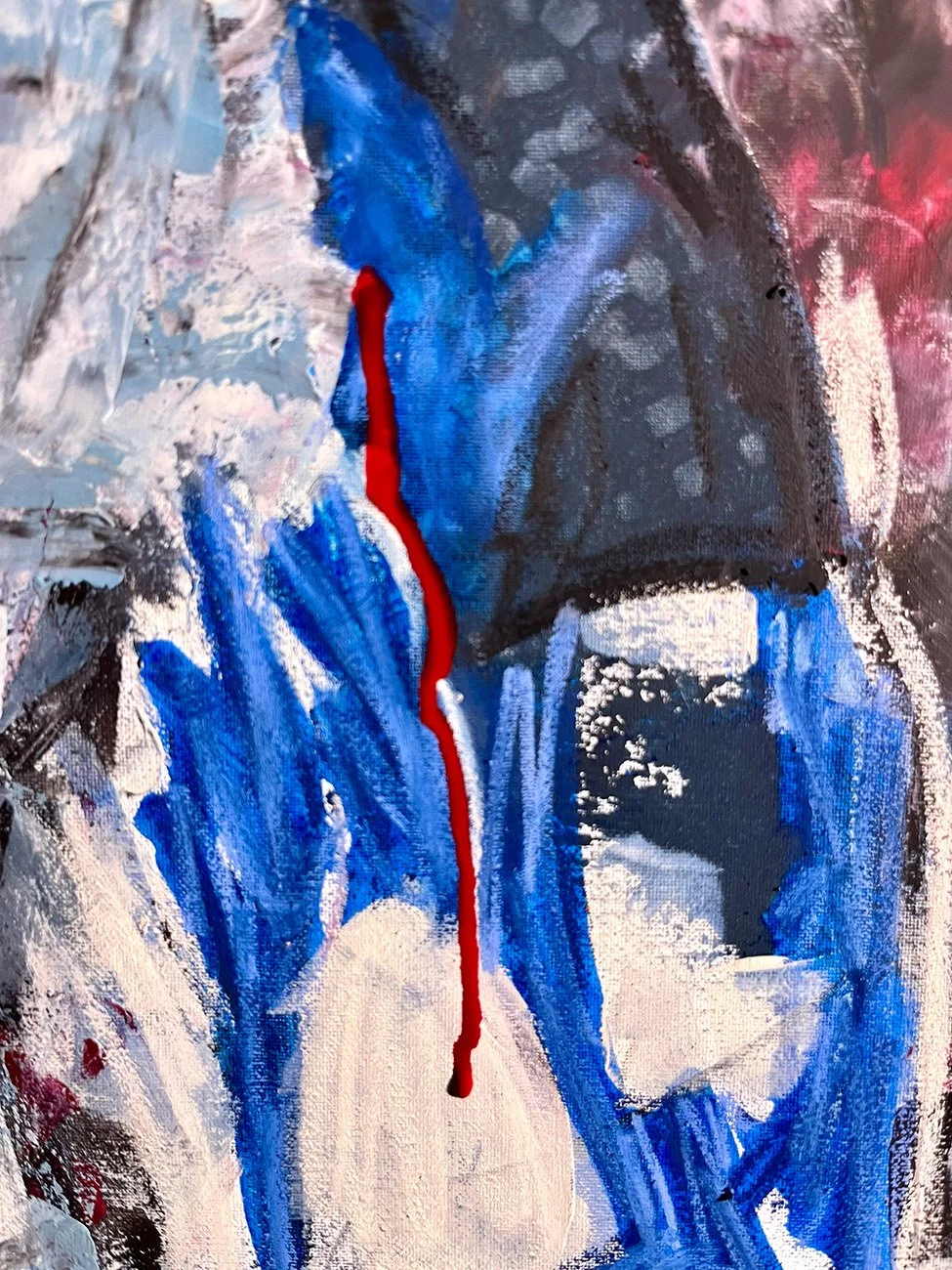 Detail des Gemäldes Bloody Cry mit blauer Figur und rotem Farbverlauf