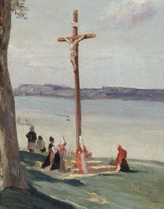 Detailansicht: Am Wasser im Gemälde Kalvarienberg von Honfleur (naher Zoom)