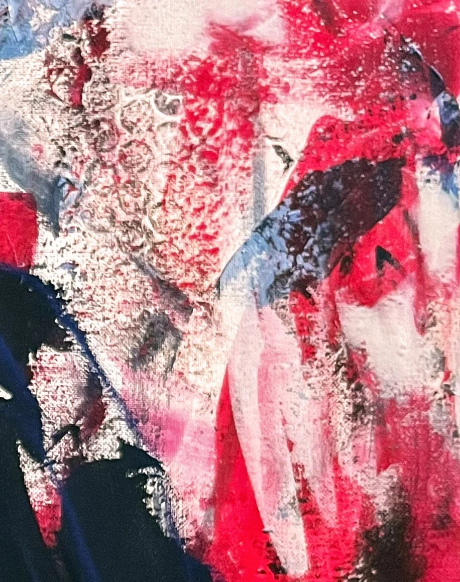 Detail des abstrakt-expressiven Gemäldes „From Hell into Dark“ mit roter und dunkler Farbstruktur